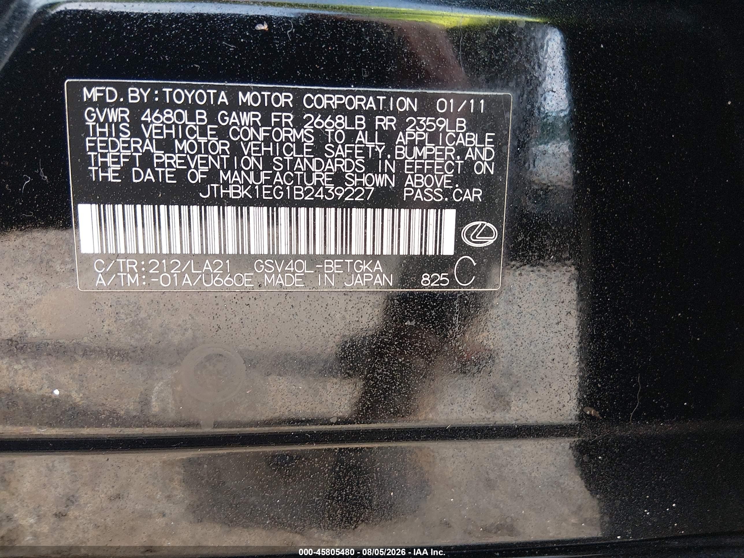 2011 Lexus Es 350   Black vin: JTHBK1EG1B2439227