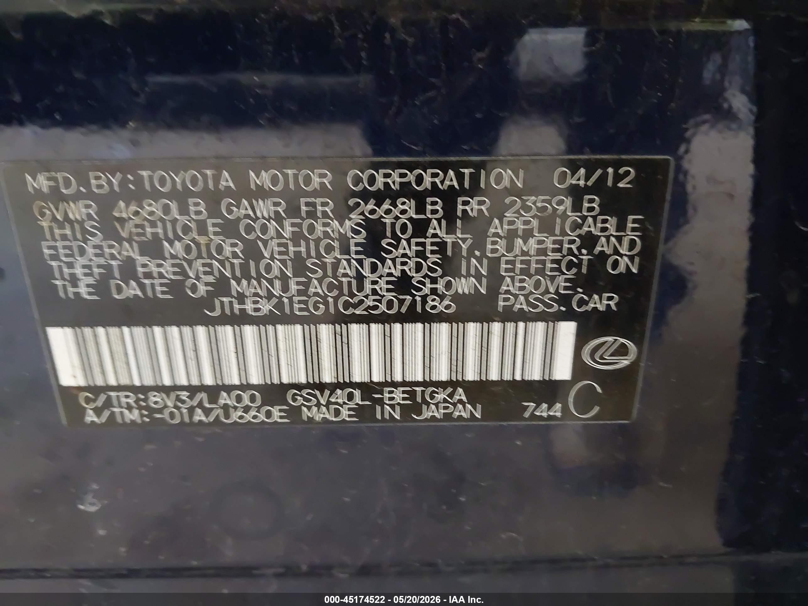 2012 Lexus Es 350 Blue vin: JTHBK1EG1C2507186