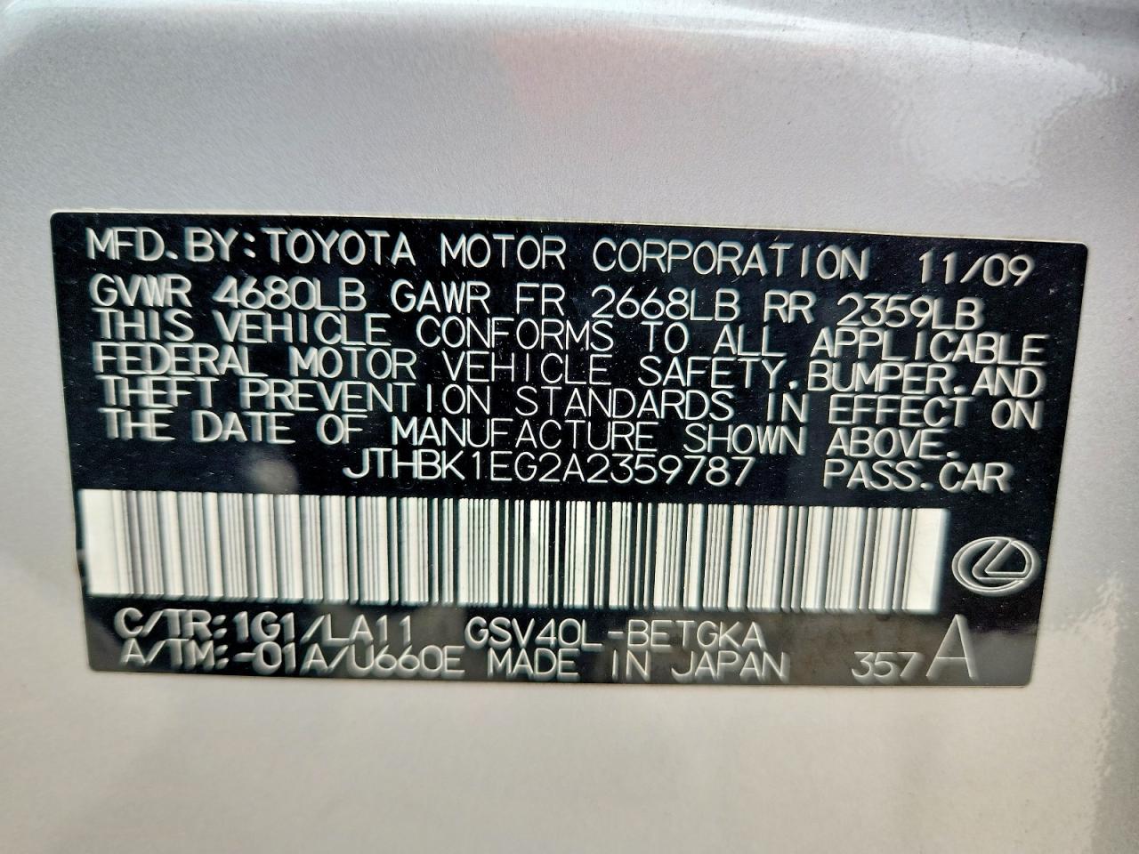 2010 Lexus Es 350 Silver vin: JTHBK1EG2A2359787