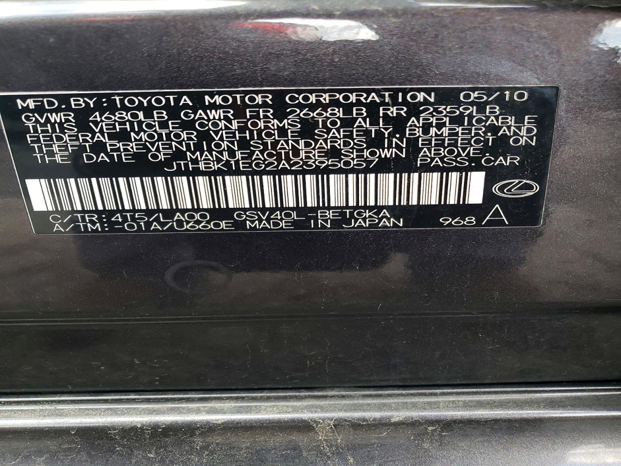 2010 Lexus Es 350 Charcoal vin: JTHBK1EG2A2395057