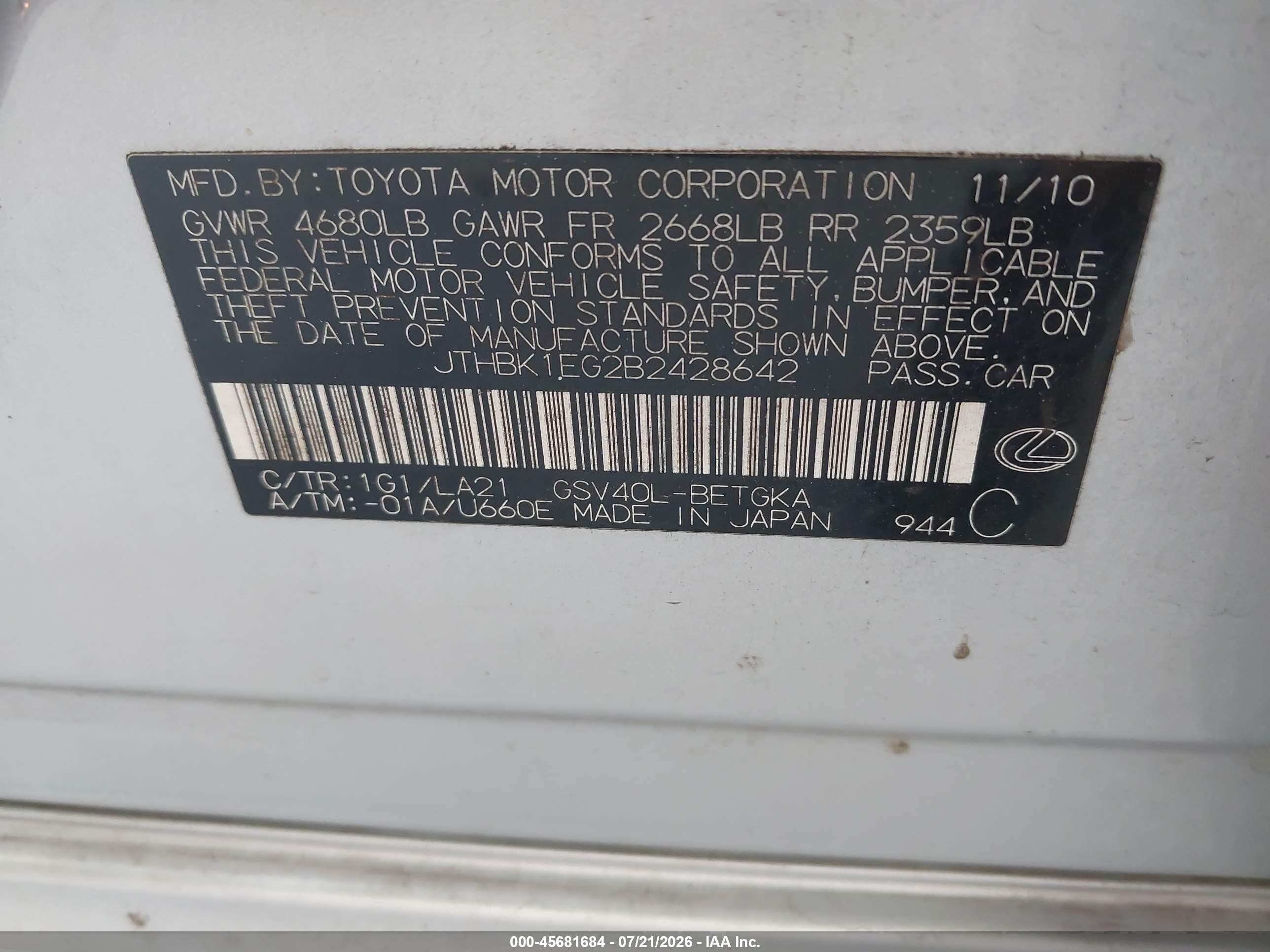 2011 Lexus Es 350   Silver vin: JTHBK1EG2B2428642