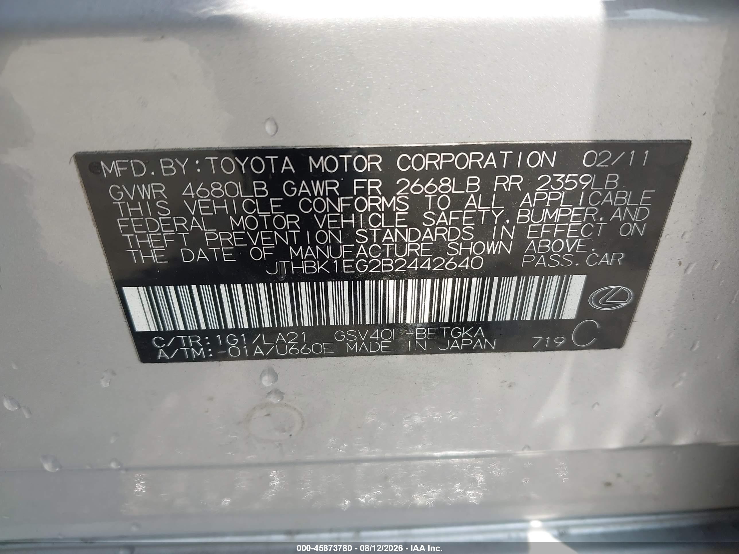 2011 Lexus Es 350   Silver vin: JTHBK1EG2B2442640