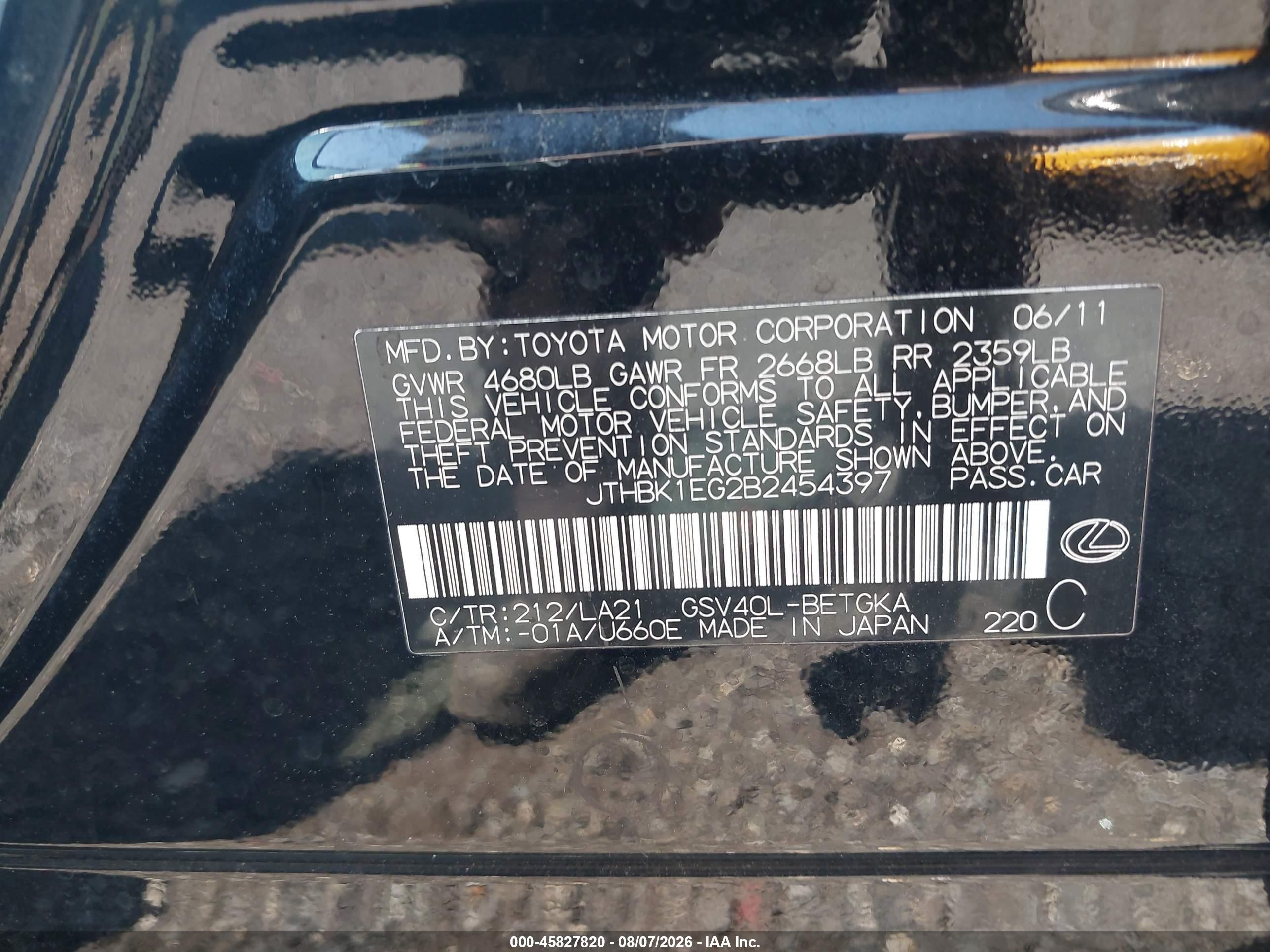 2011 Lexus Es 350 Black vin: JTHBK1EG2B2454397