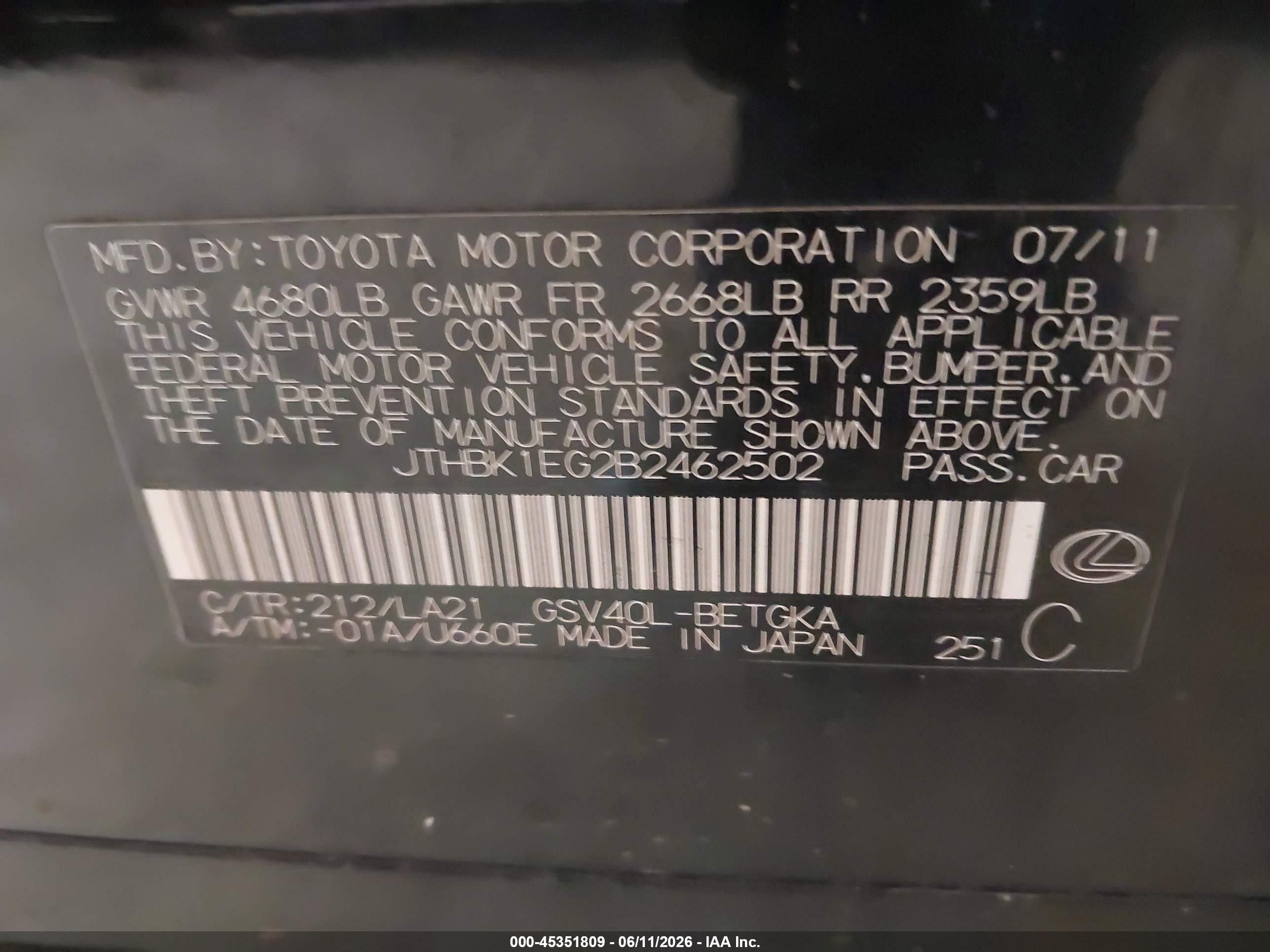 2011 Lexus Es 350   Черный vin: JTHBK1EG2B2462502