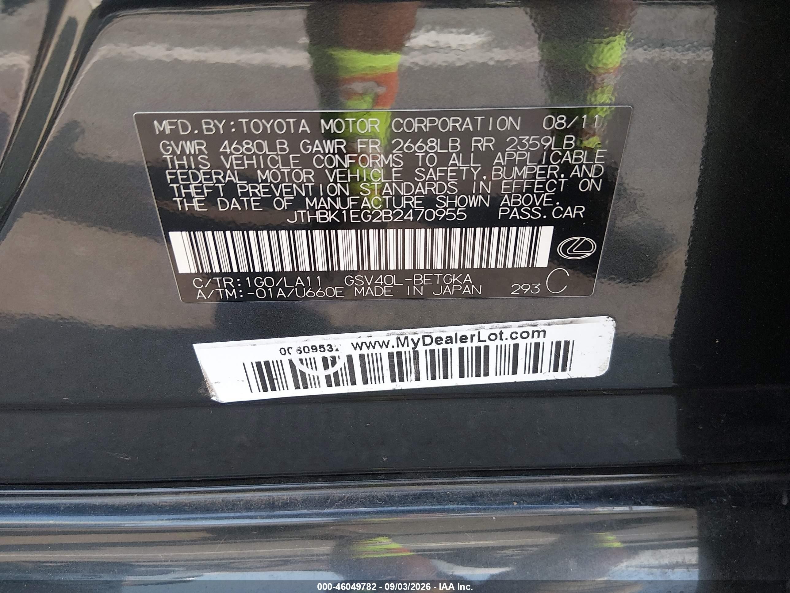 2011 Lexus Es 350   Black vin: JTHBK1EG2B2470955