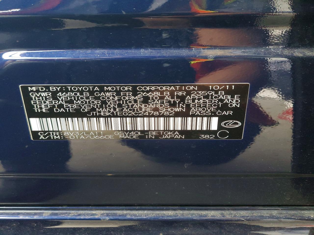 2012 Lexus Es 350 Blue vin: JTHBK1EG2C2478782