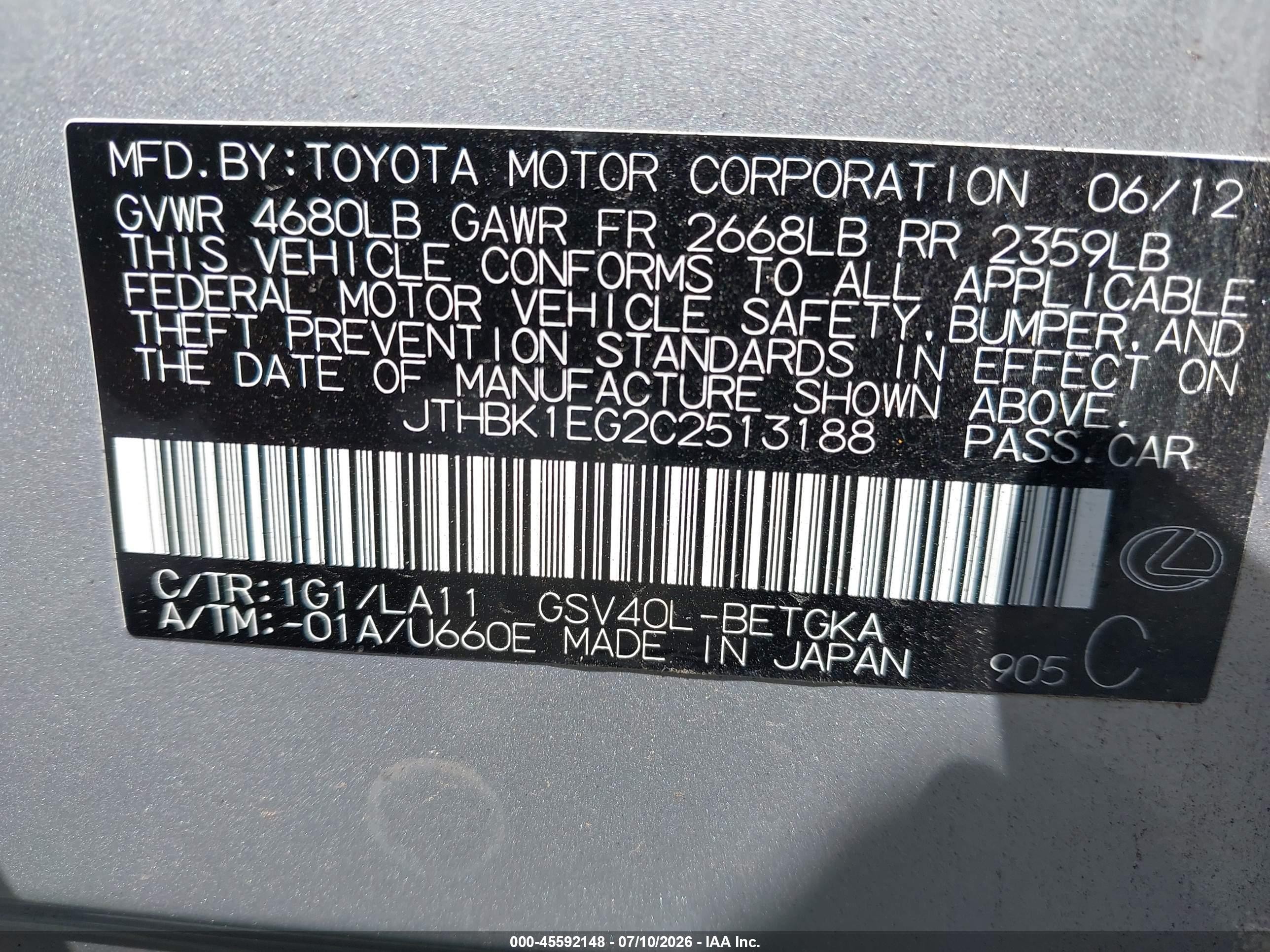 2012 Lexus Es 350 Silver vin: JTHBK1EG2C2513188