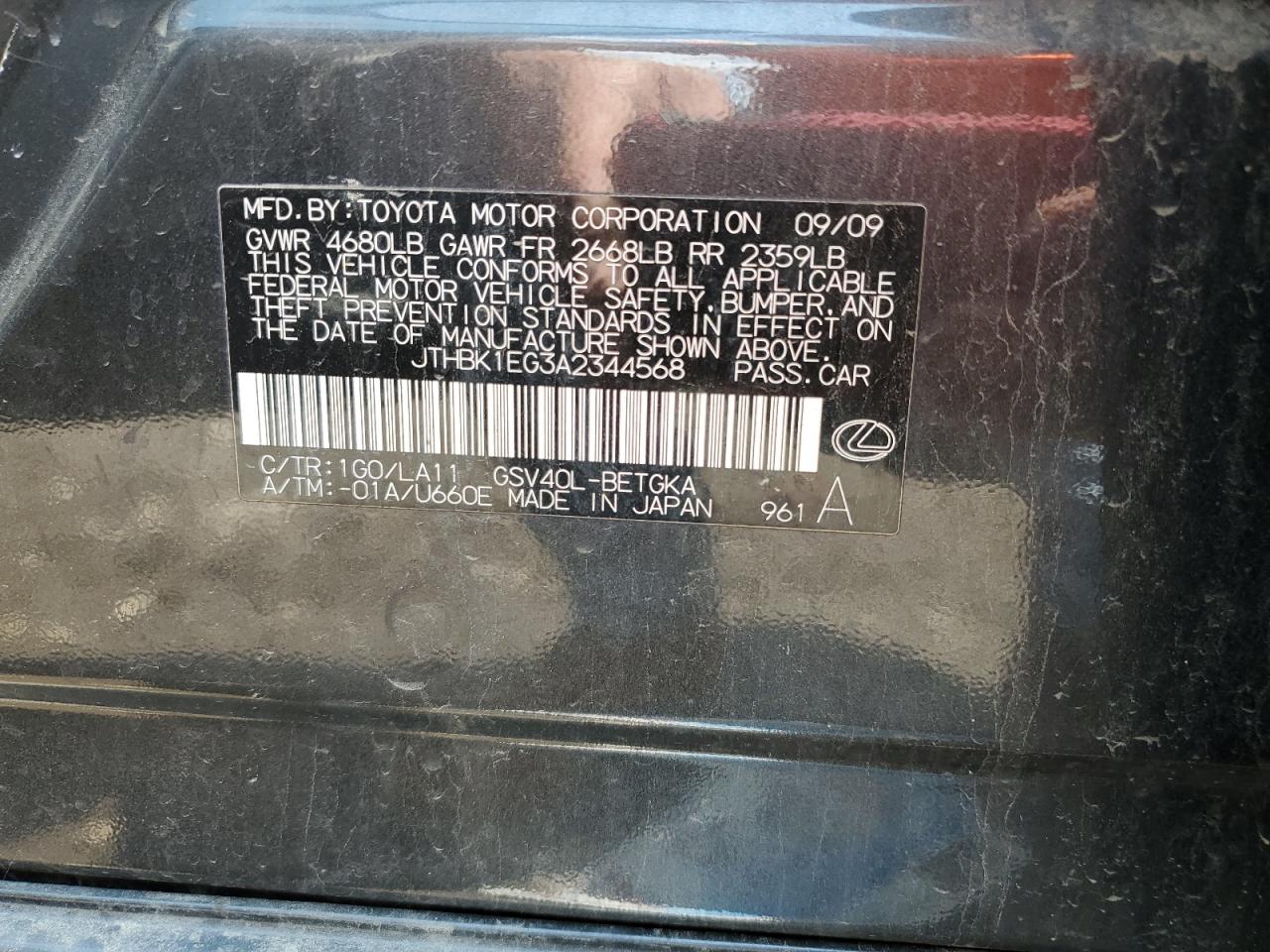 2010 Lexus Es 350 Charcoal vin: JTHBK1EG3A2344568