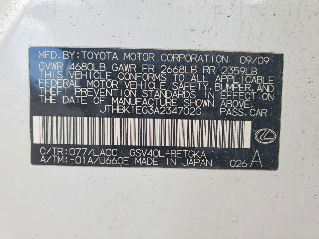 2010 Lexus Es 350 Белый vin: JTHBK1EG3A2347020