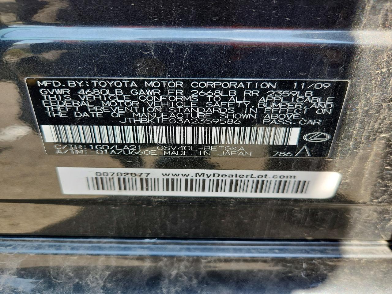2010 Lexus Es 350 Black vin: JTHBK1EG3A2359586