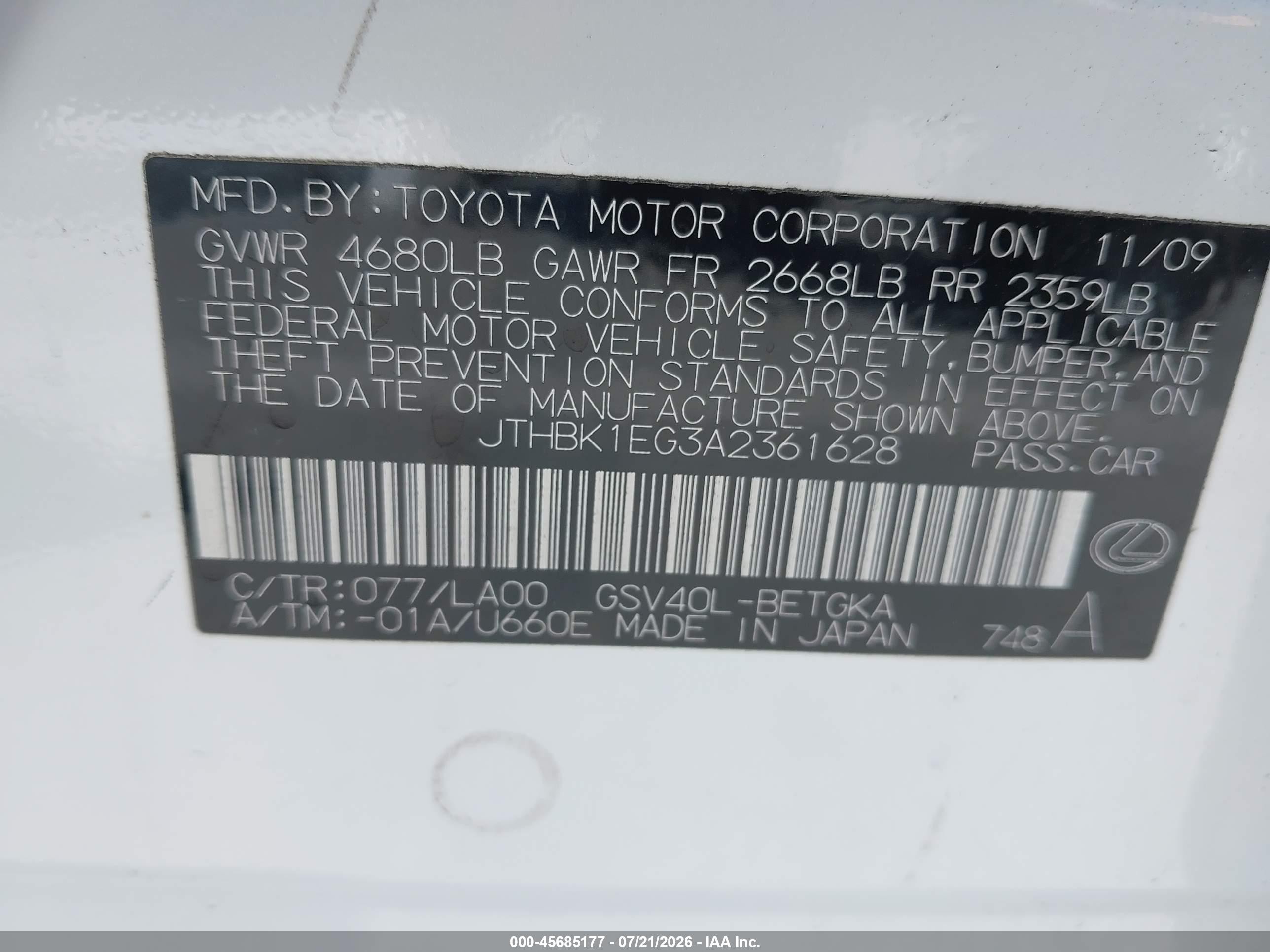 2010 Lexus Es 350   White vin: JTHBK1EG3A2361628