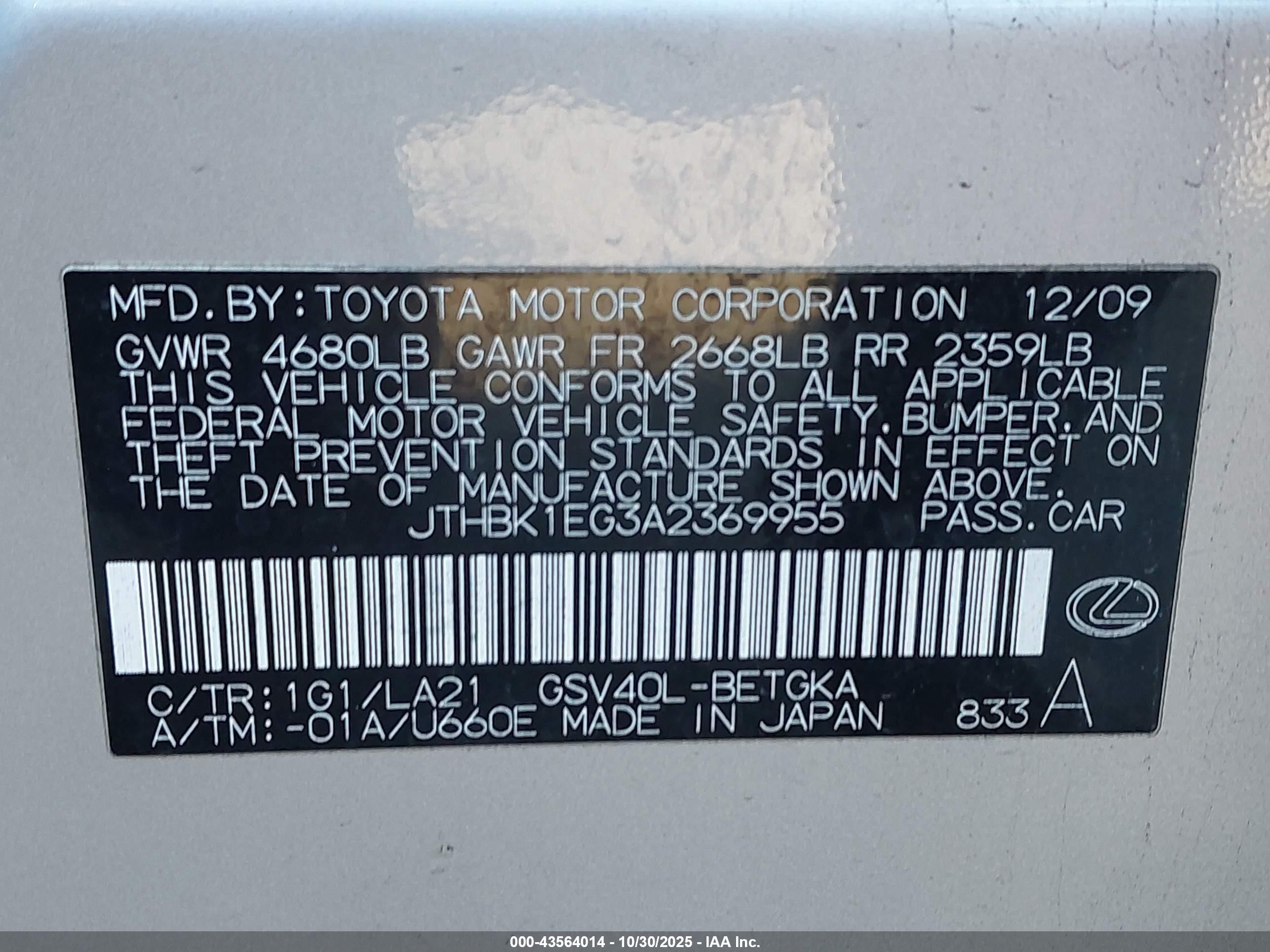 2010 Lexus Es 350   Silver vin: JTHBK1EG3A2369955