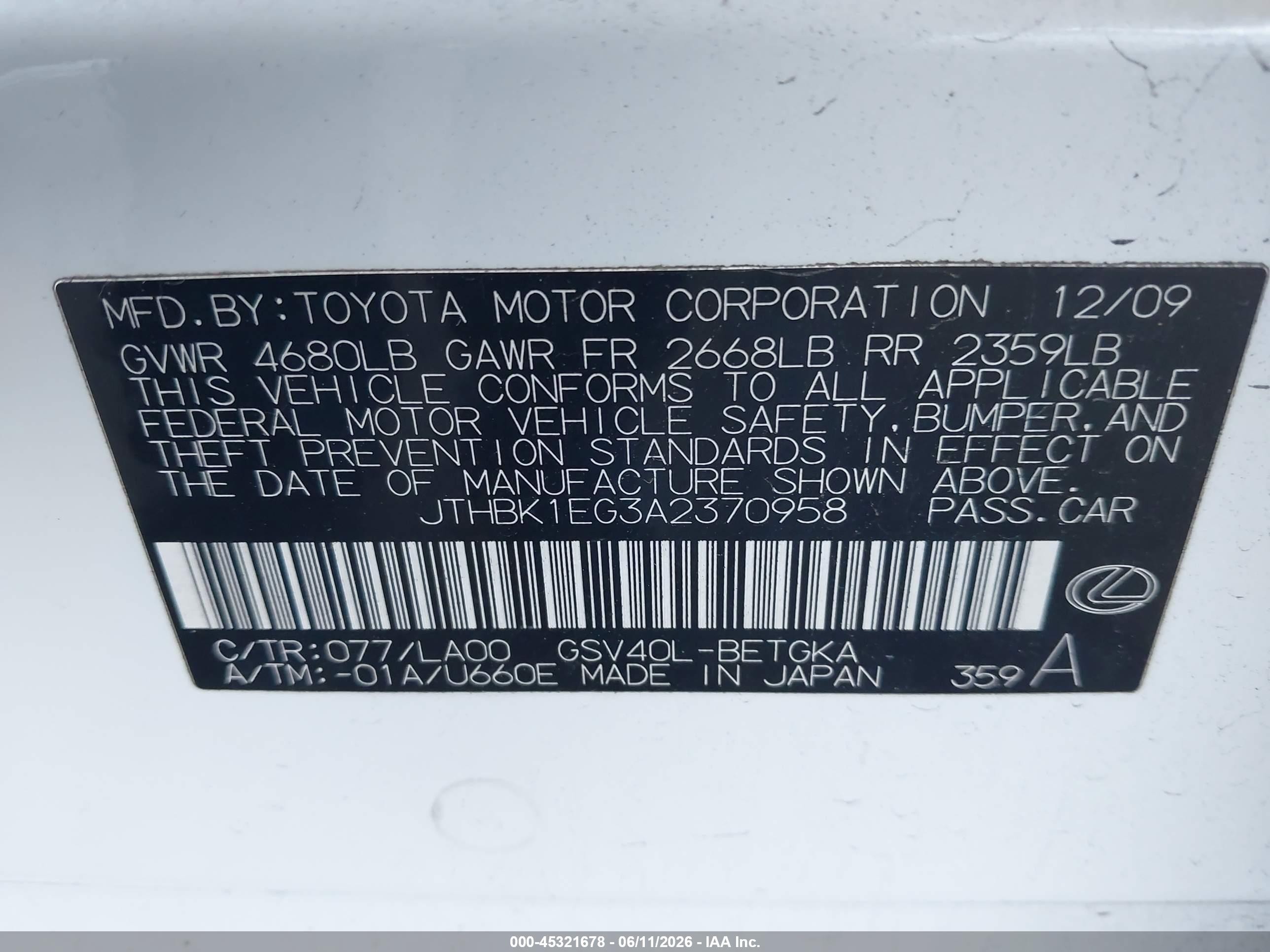 2010 Lexus Es 350 Белый vin: JTHBK1EG3A2370958