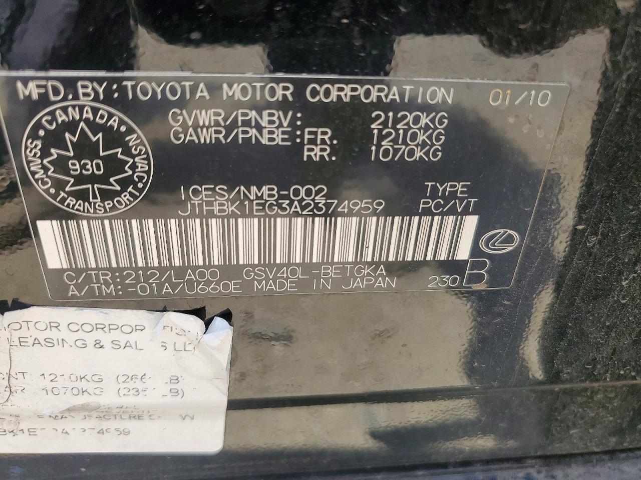 2010 Lexus Es 350 Black vin: JTHBK1EG3A2374959