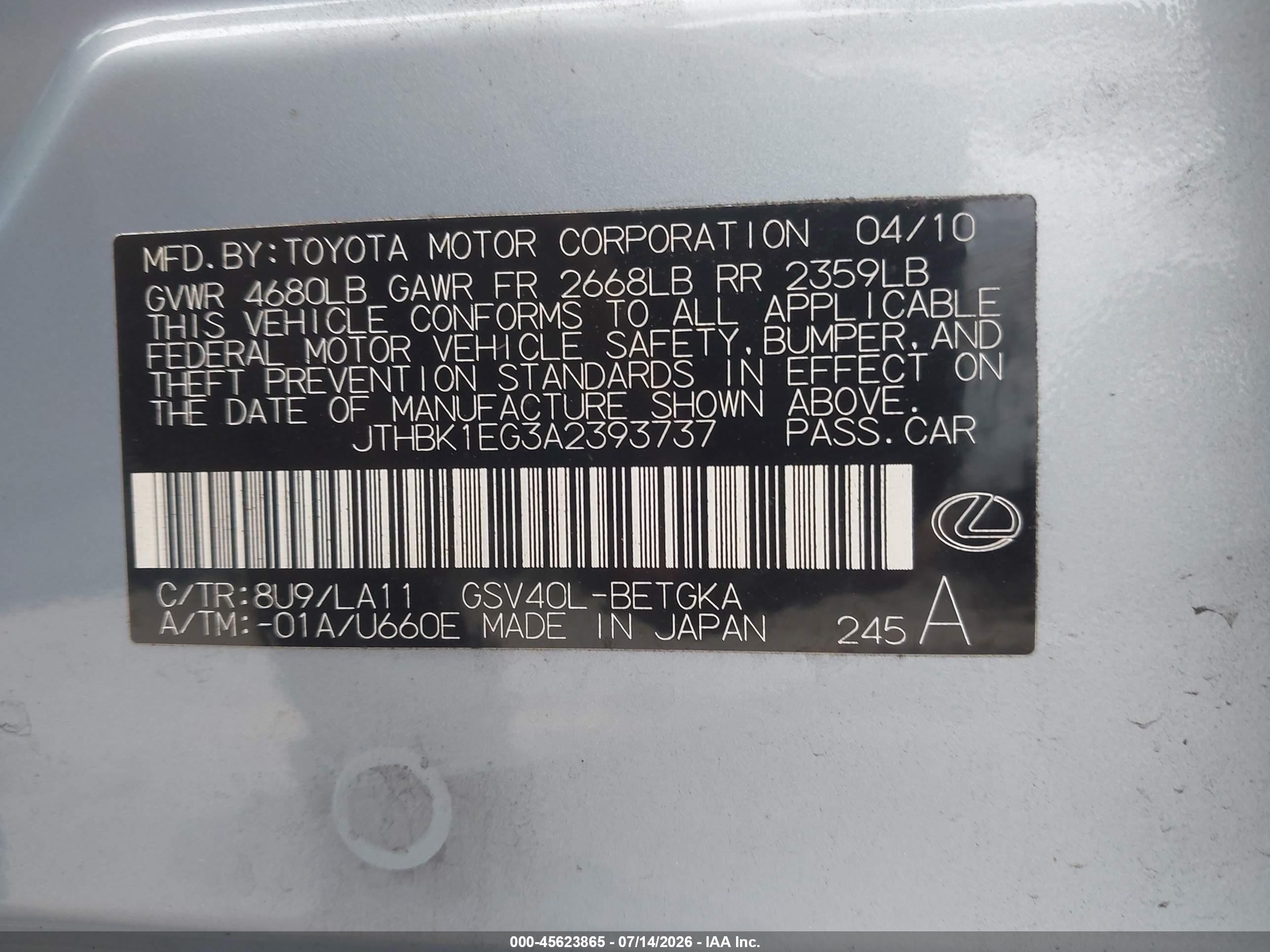 2010 Lexus Es 350   Light Blue vin: JTHBK1EG3A2393737