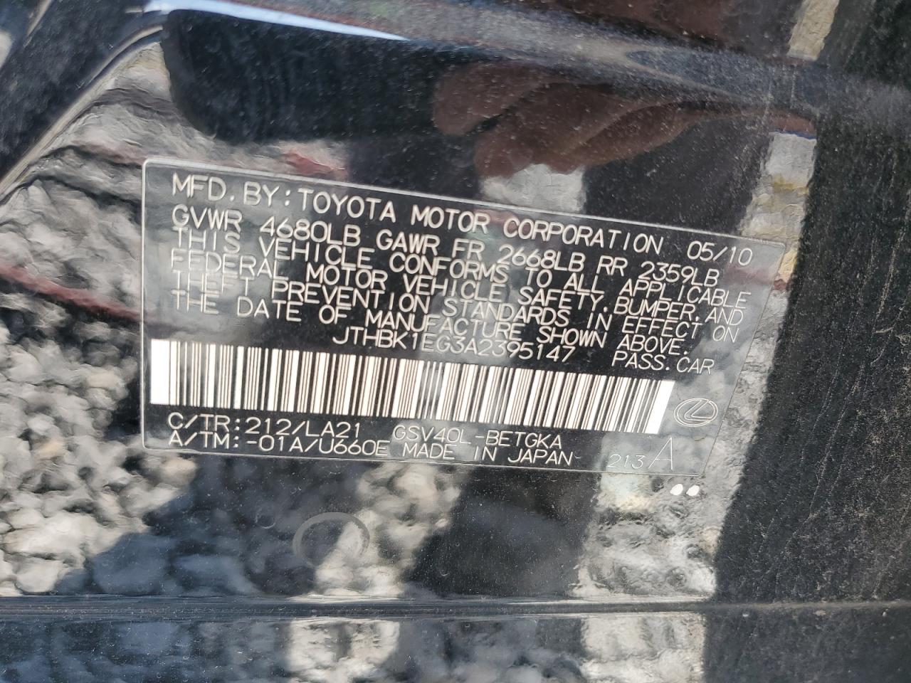 2010 Lexus Es 350 Black vin: JTHBK1EG3A2395147