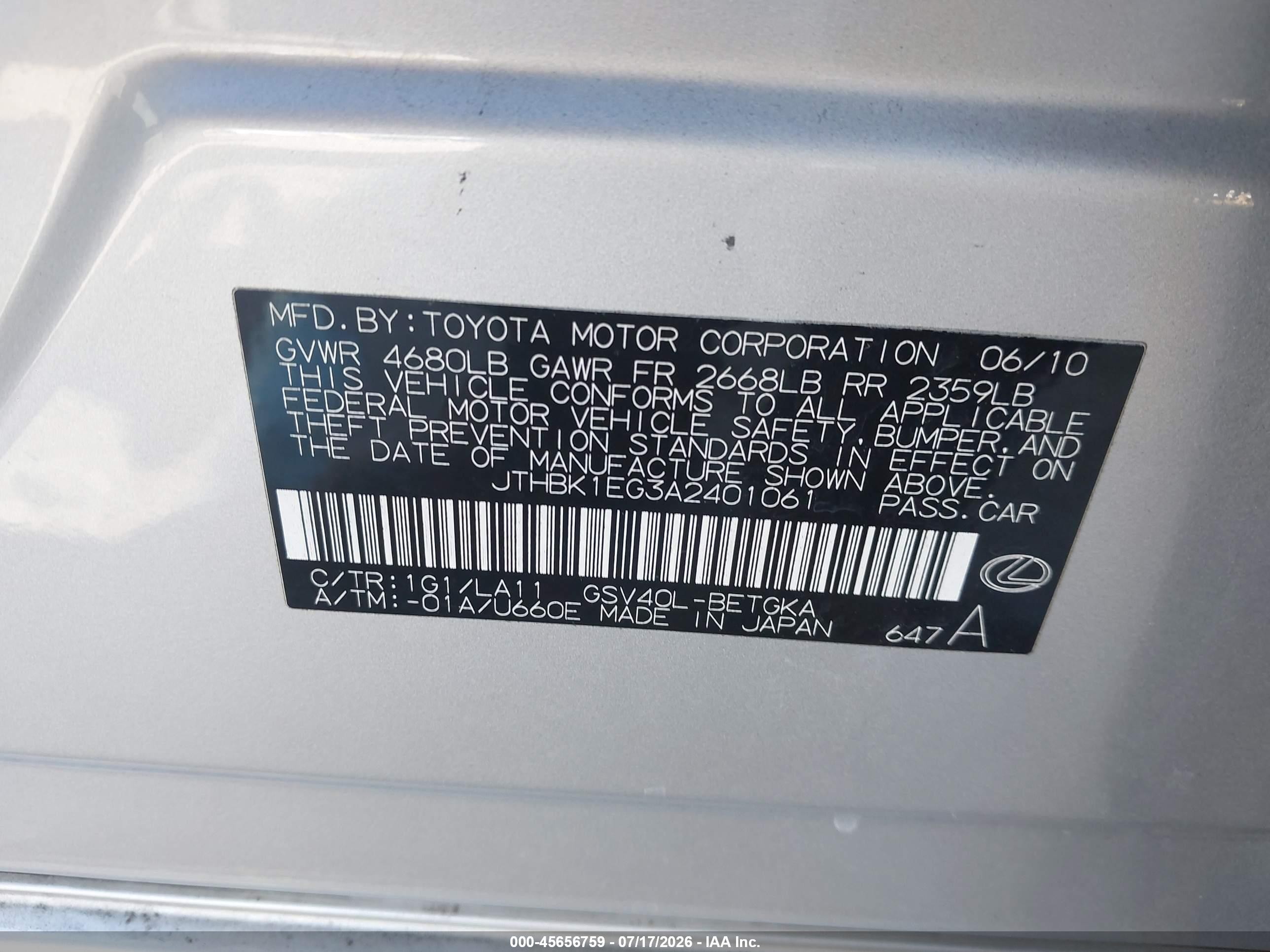 2010 Lexus Es 350   Silver vin: JTHBK1EG3A2401061