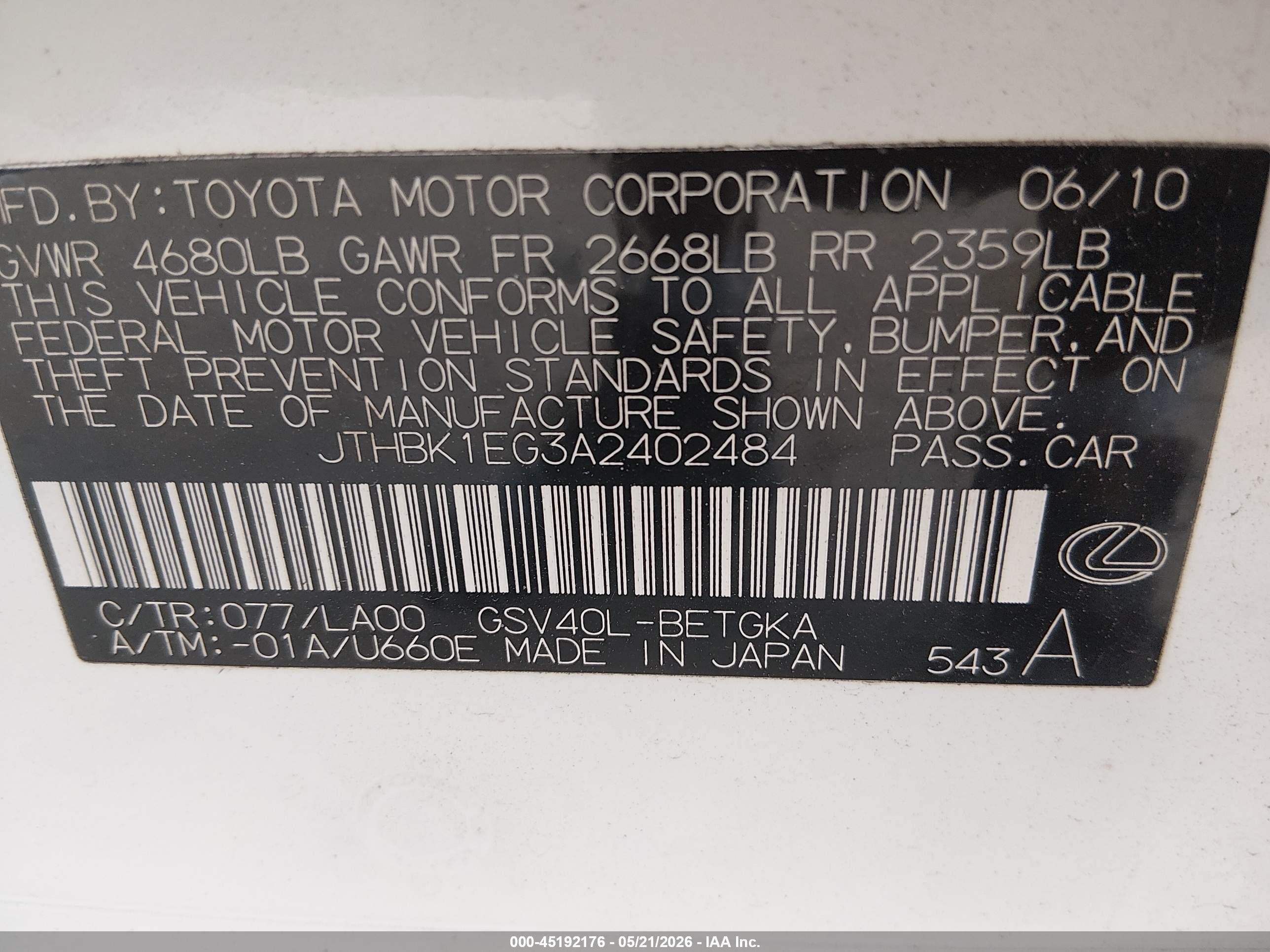 2010 Lexus Es 350   White vin: JTHBK1EG3A2402484