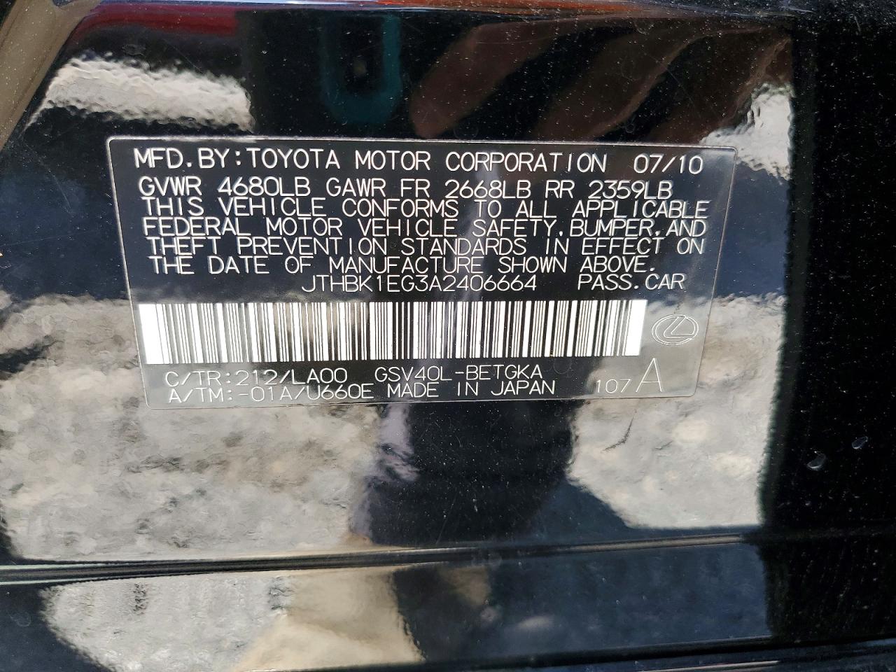 2010 Lexus Es 350 Black vin: JTHBK1EG3A2406664
