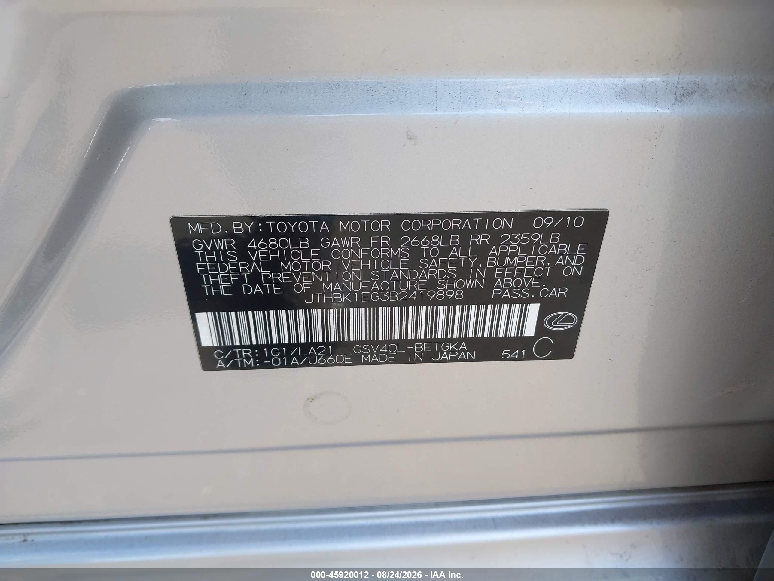 2011 Lexus Es 350 Silver vin: JTHBK1EG3B2419898