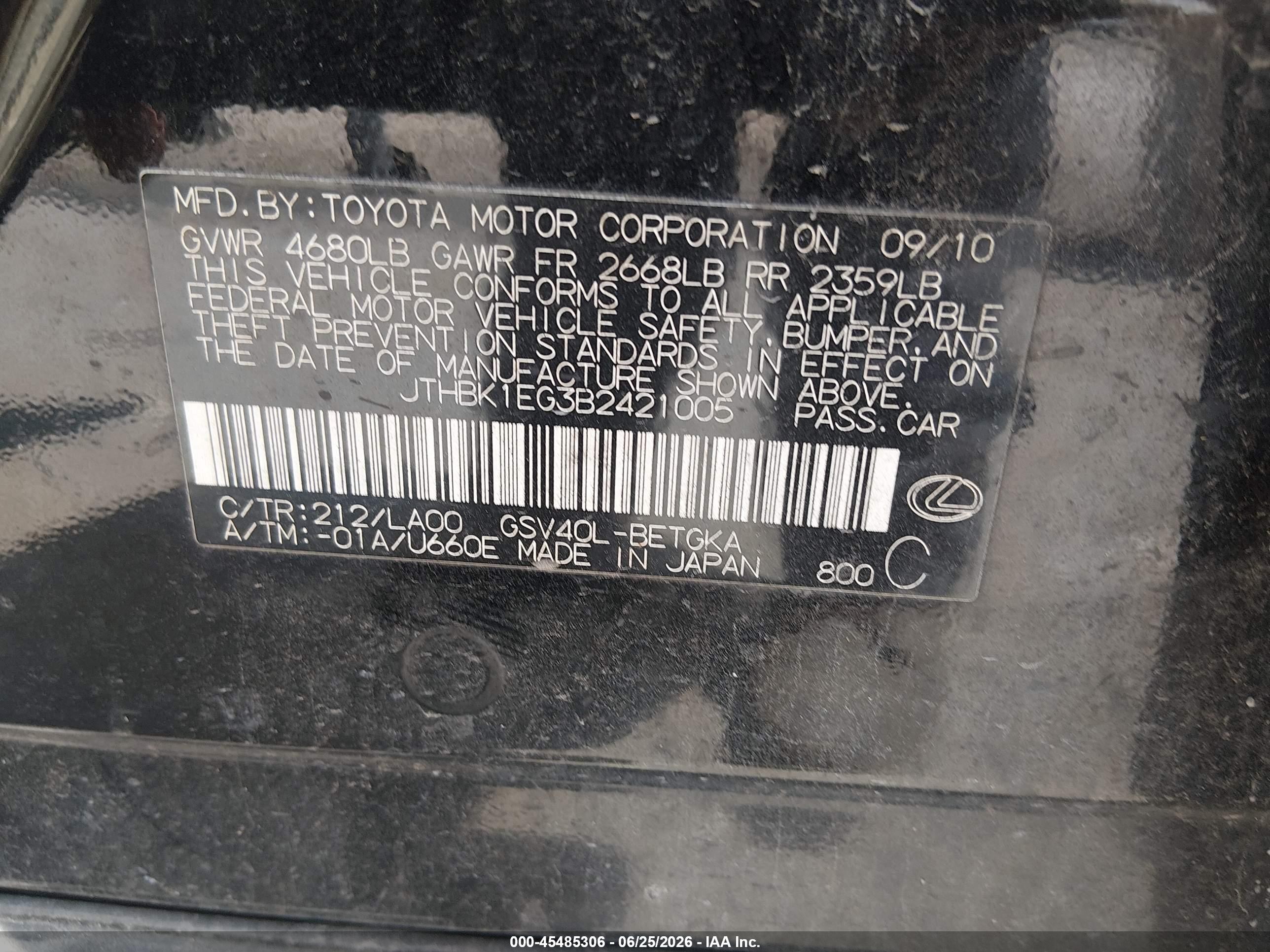 2011 Lexus Es 350   Black vin: JTHBK1EG3B2421005