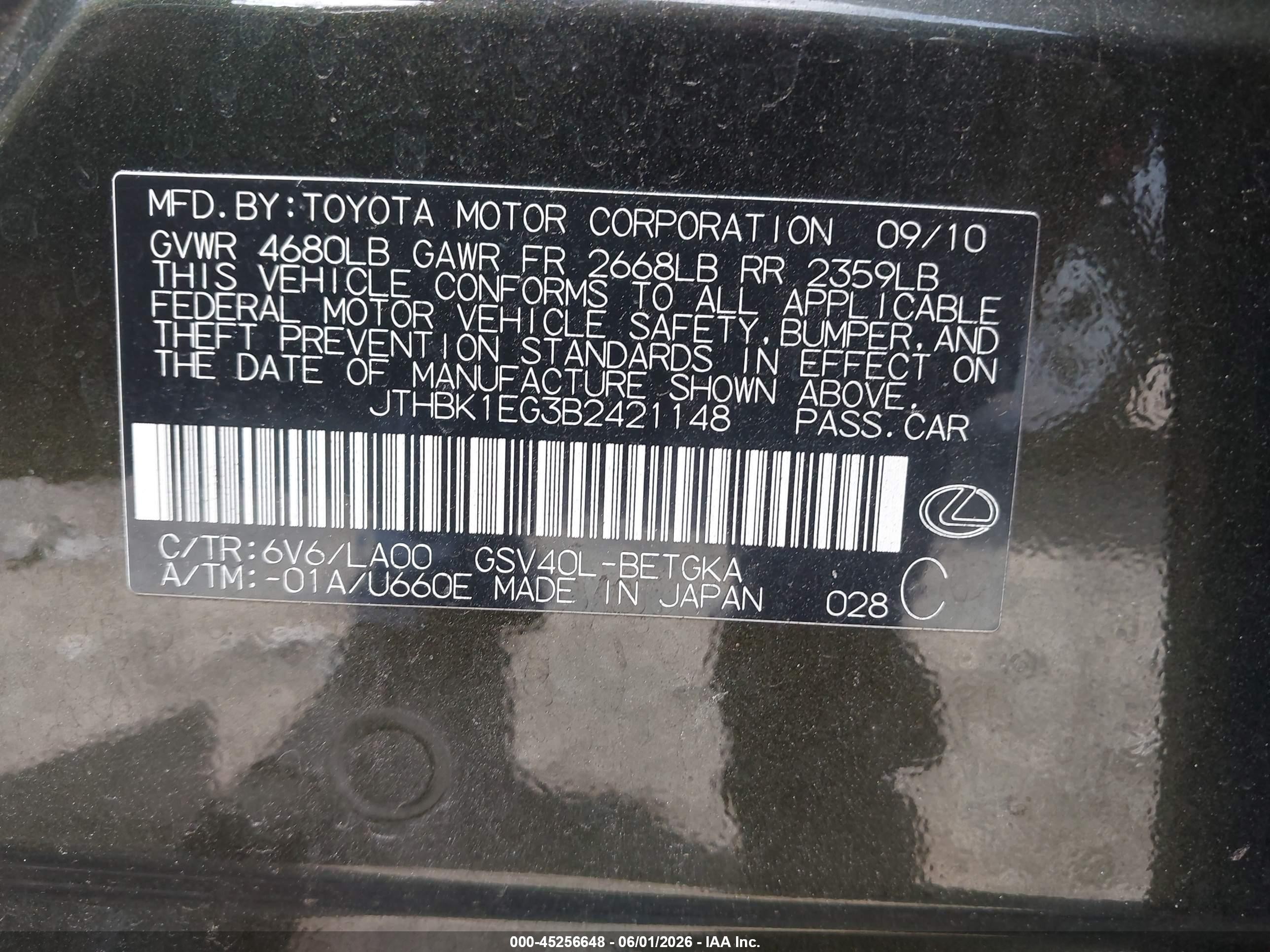 2011 Lexus Es 350   Green vin: JTHBK1EG3B2421148