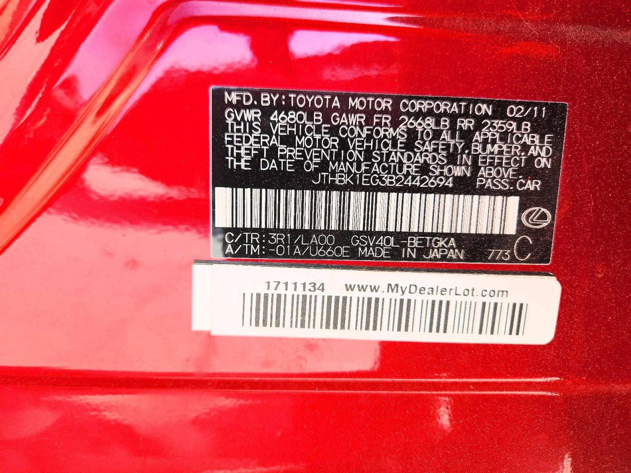 2011 Lexus Es 350 Red vin: JTHBK1EG3B2442694