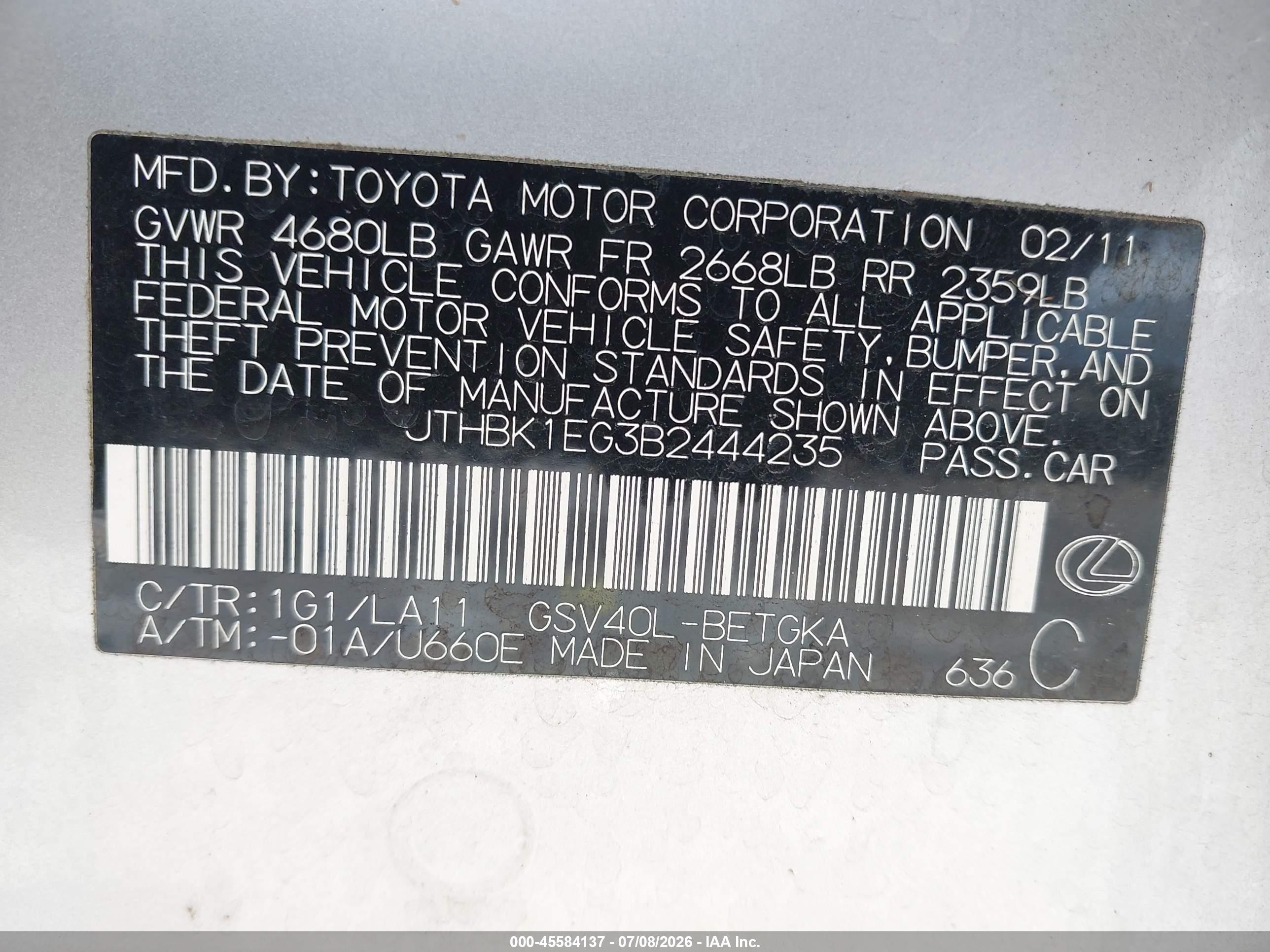 2011 Lexus Es 350 Silver vin: JTHBK1EG3B2444235