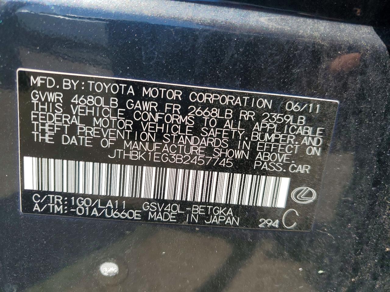2011 Lexus Es 350 Серый vin: JTHBK1EG3B2457745