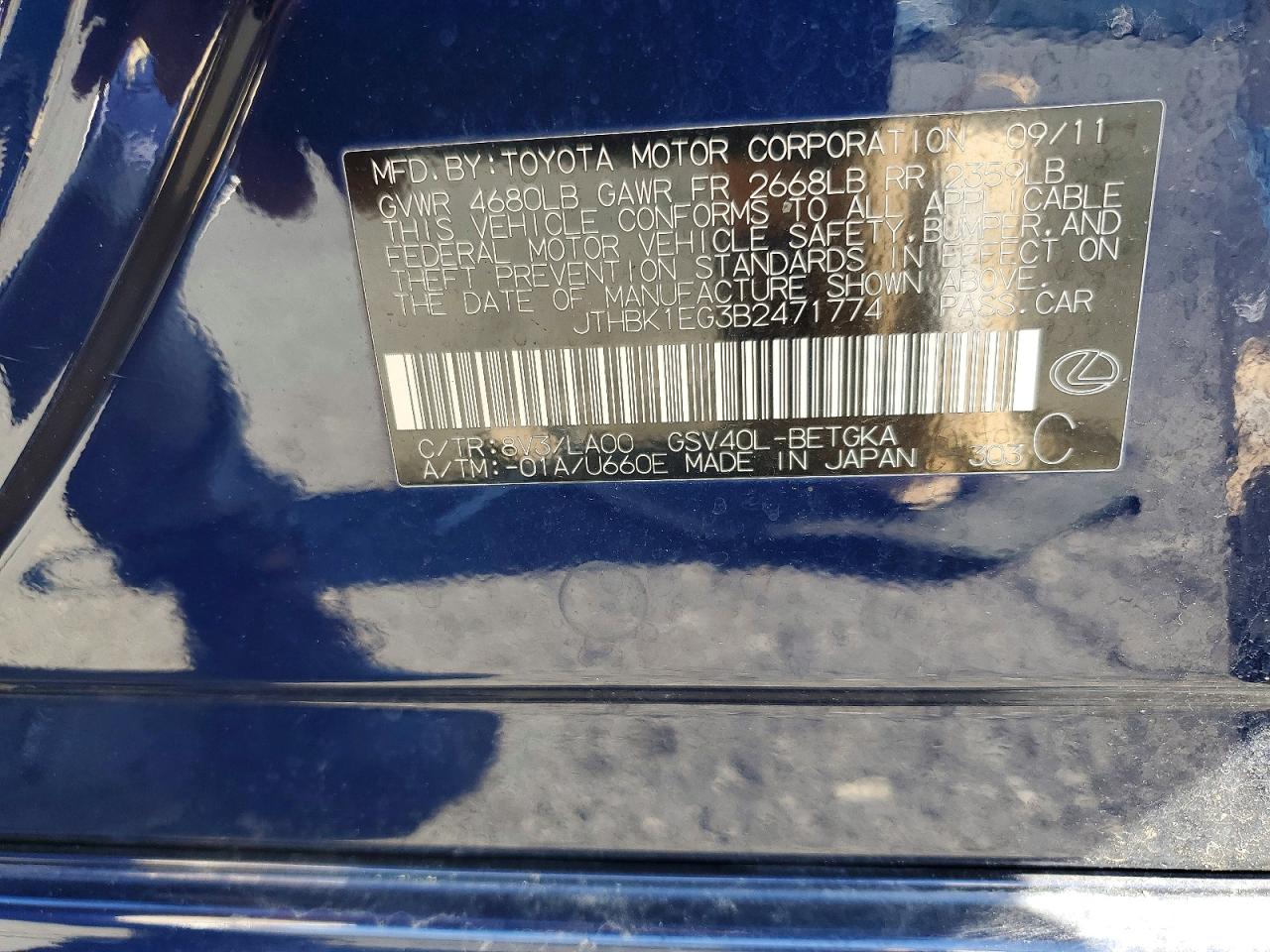 2011 Lexus Es 350 Blue vin: JTHBK1EG3B2471774