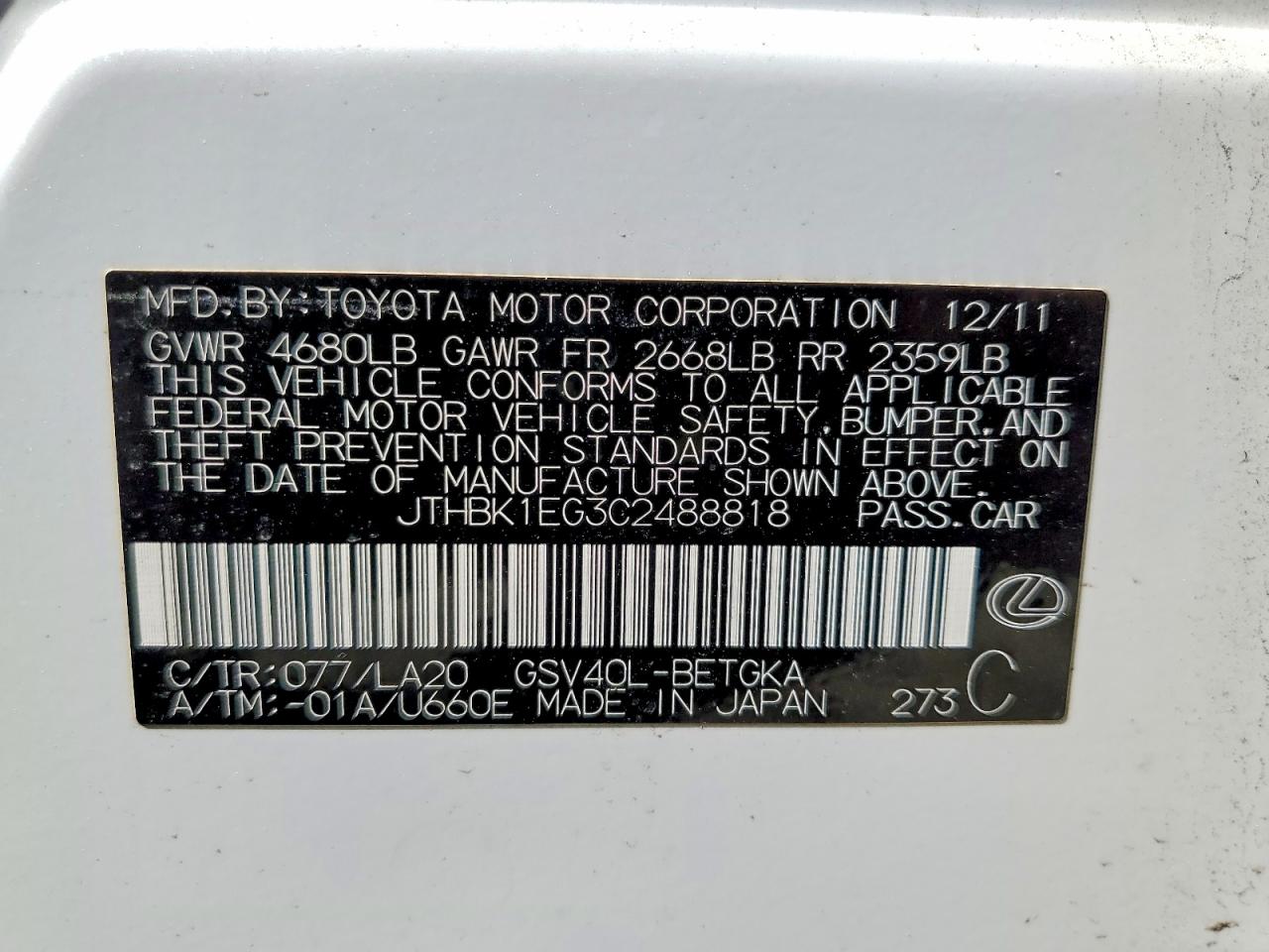 2012 Lexus Es 350 White vin: JTHBK1EG3C2488818