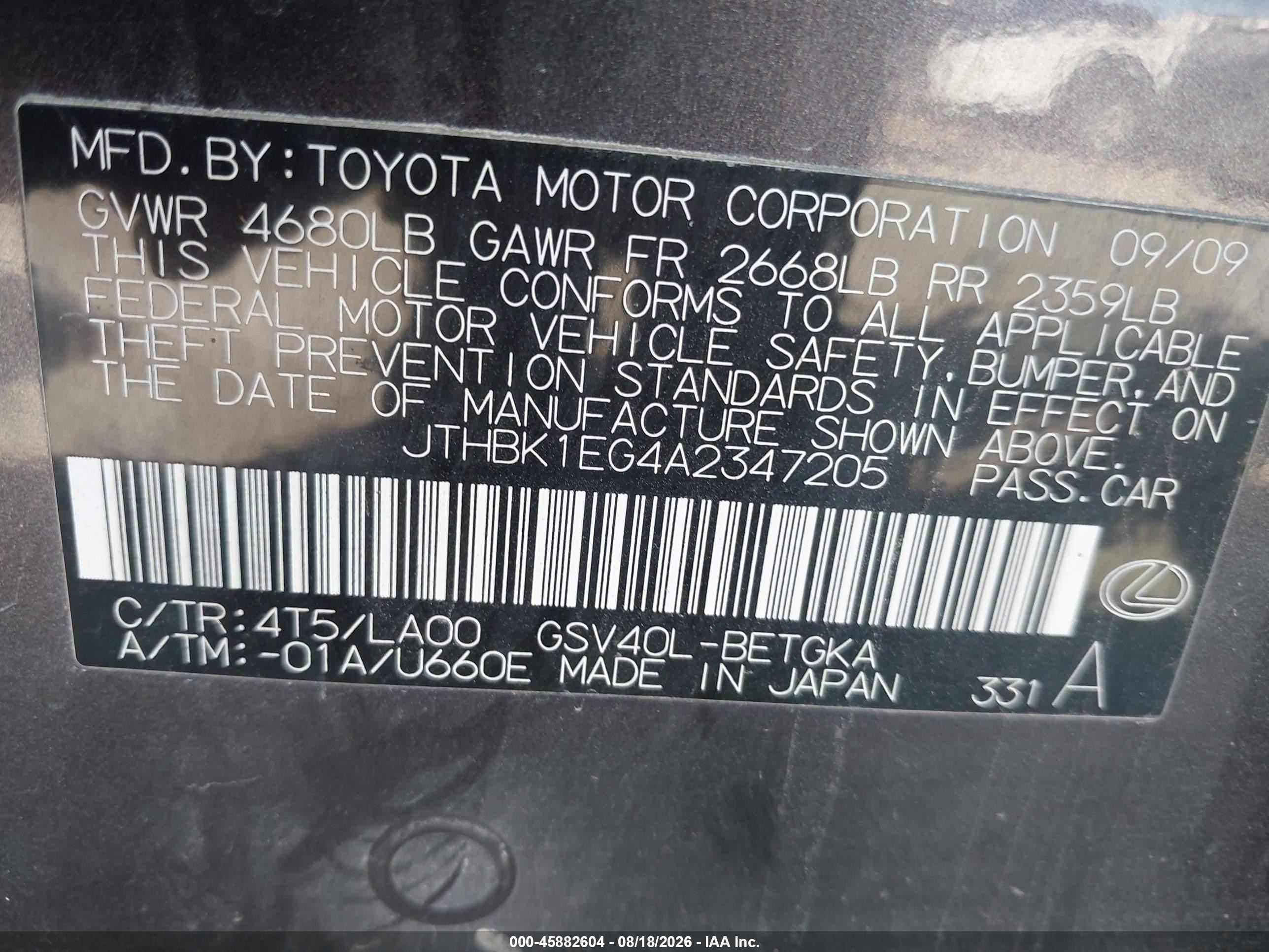 2010 Lexus Es 350   Gray vin: JTHBK1EG4A2347205
