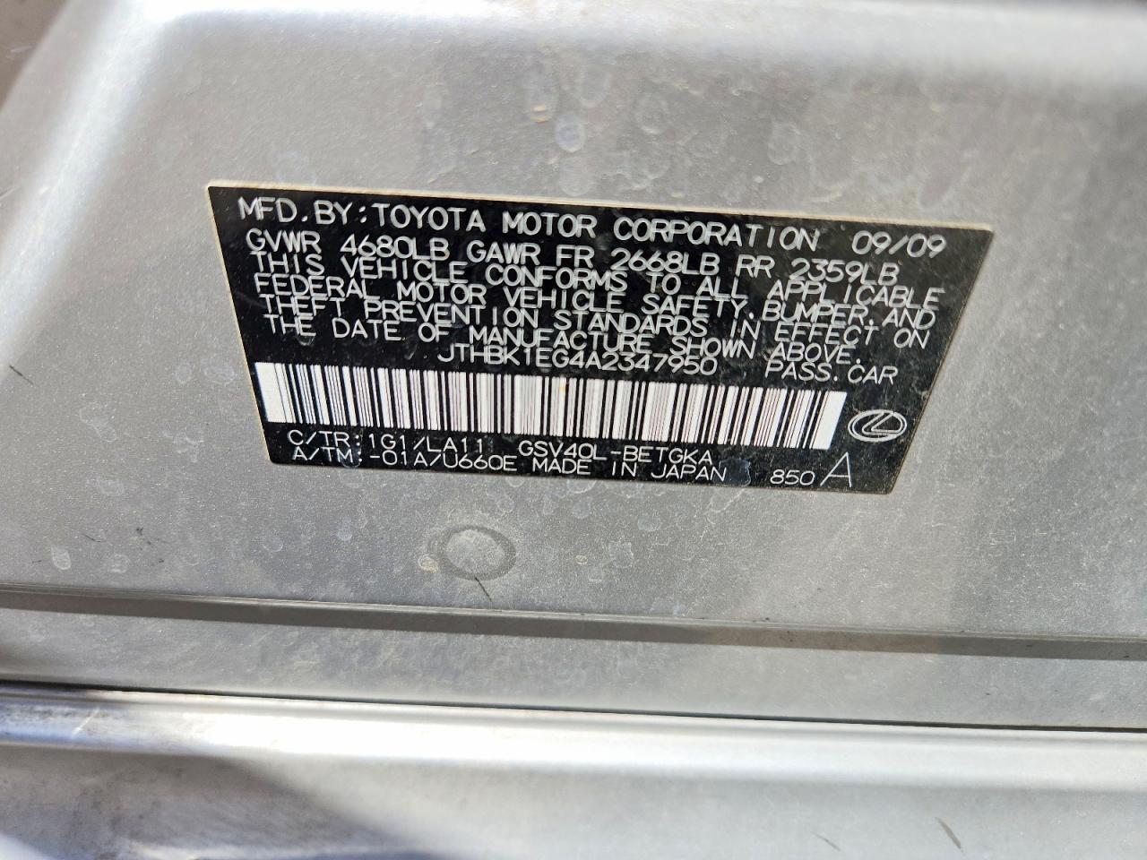 2010 Lexus Es 350 Silver vin: JTHBK1EG4A2347950