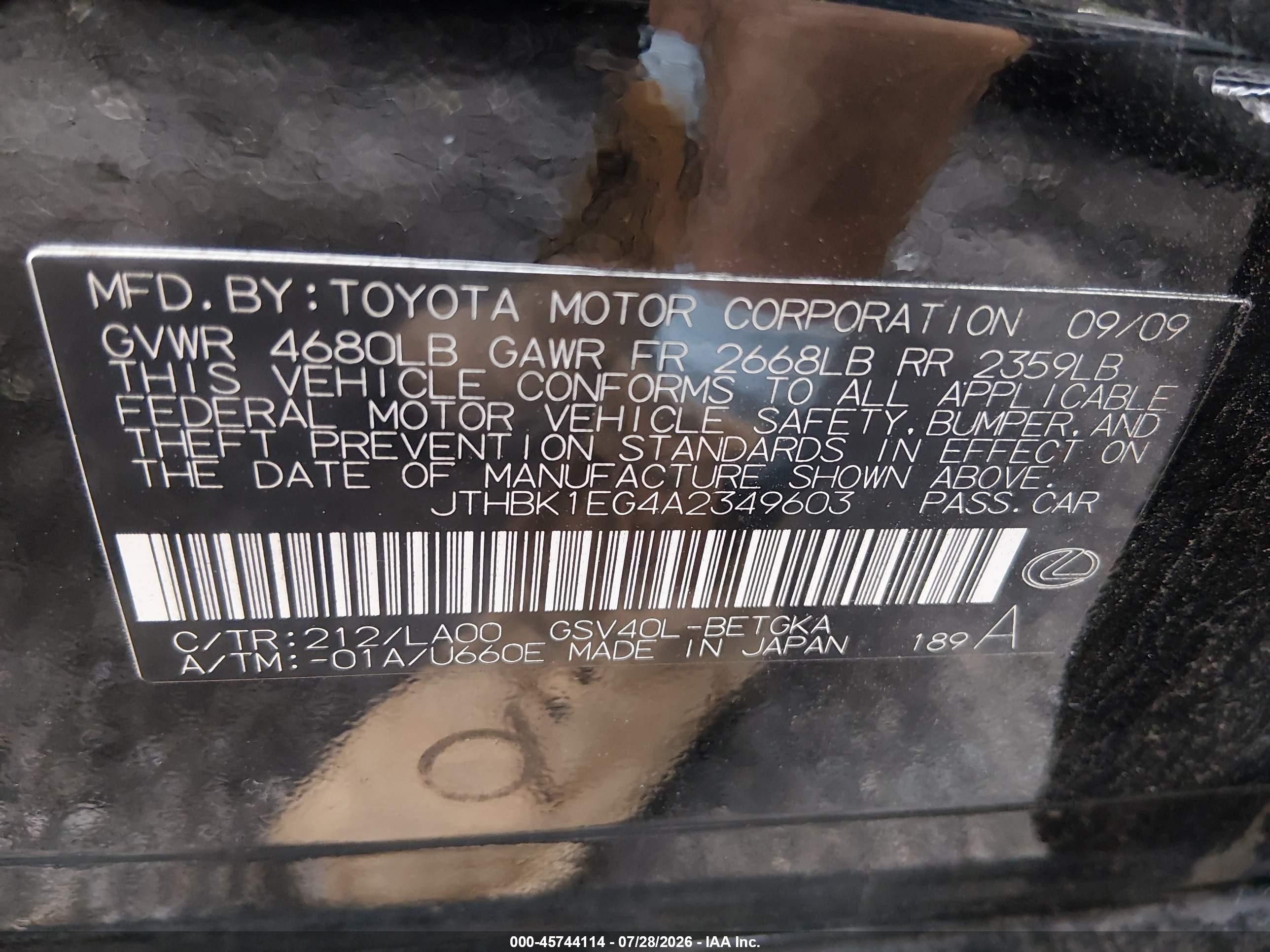 2010 Lexus Es 350   Black vin: JTHBK1EG4A2349603
