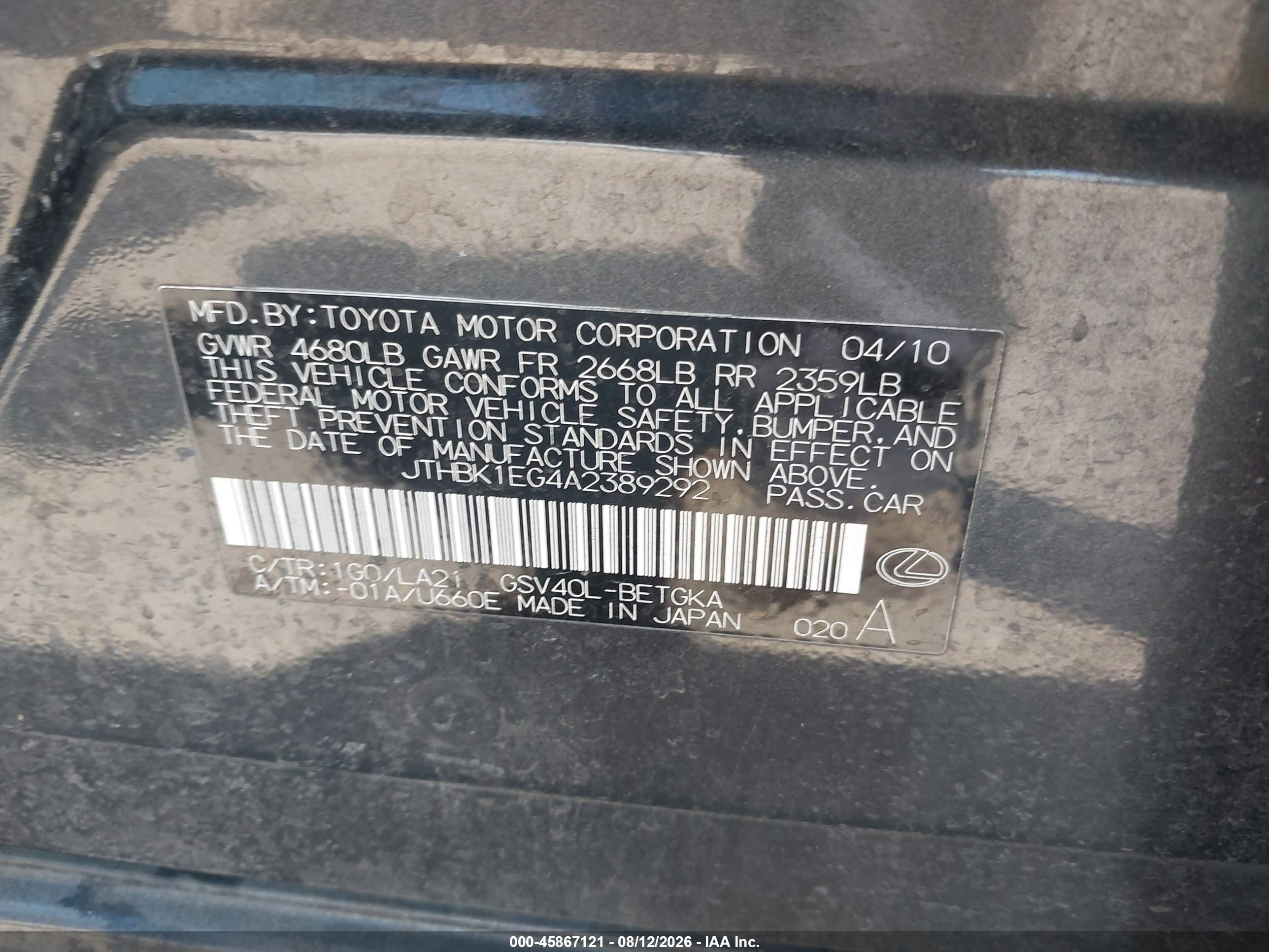 2010 Lexus Es 350   Gray vin: JTHBK1EG4A2389292
