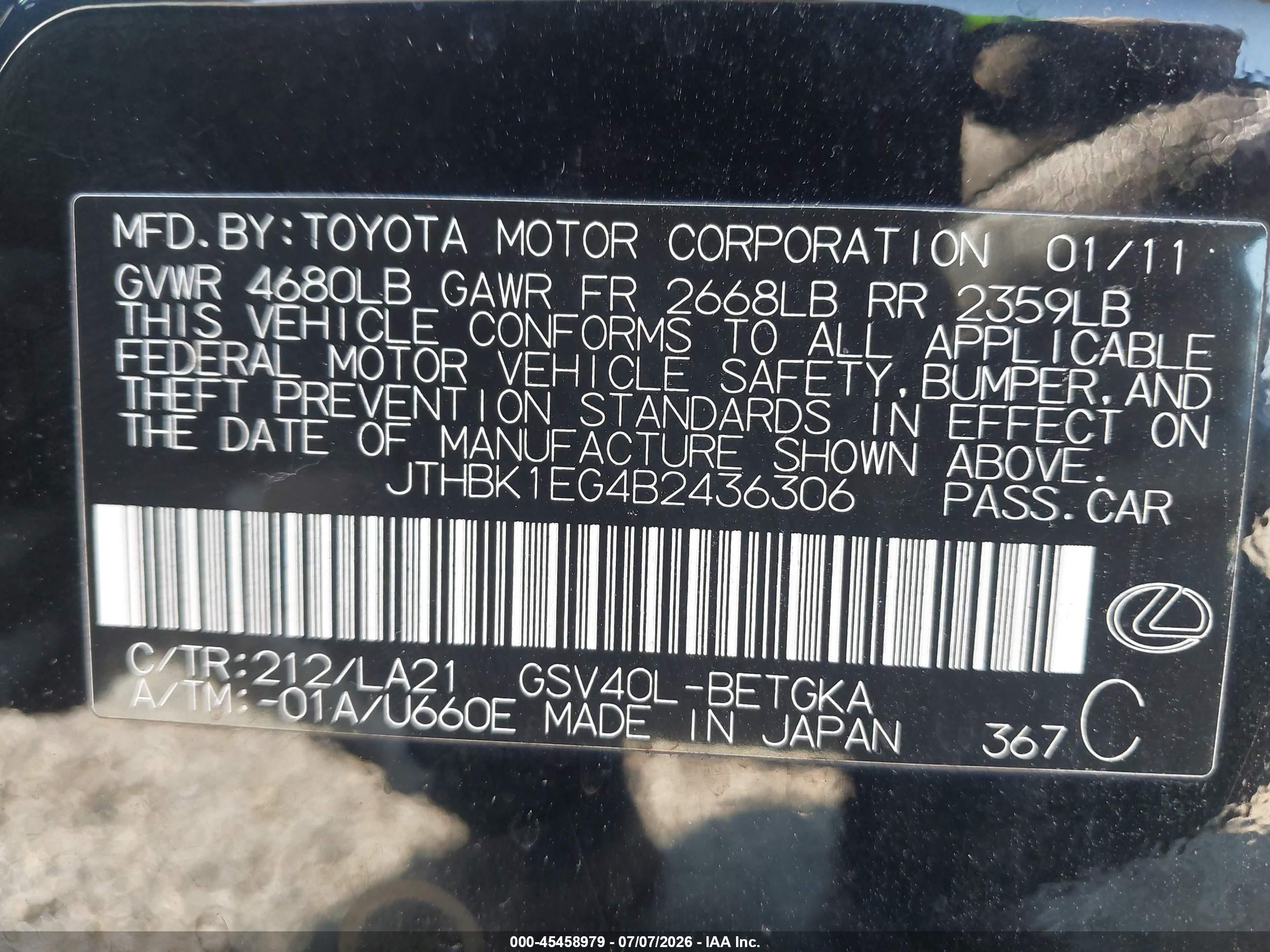 2011 Lexus Es 350   Black vin: JTHBK1EG4B2436306