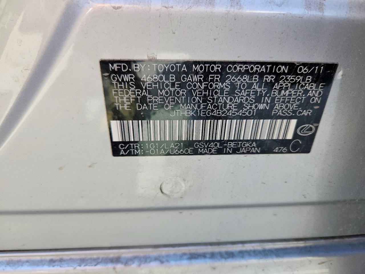 2011 Lexus Es 350 Base Silver vin: JTHBK1EG4B2454501