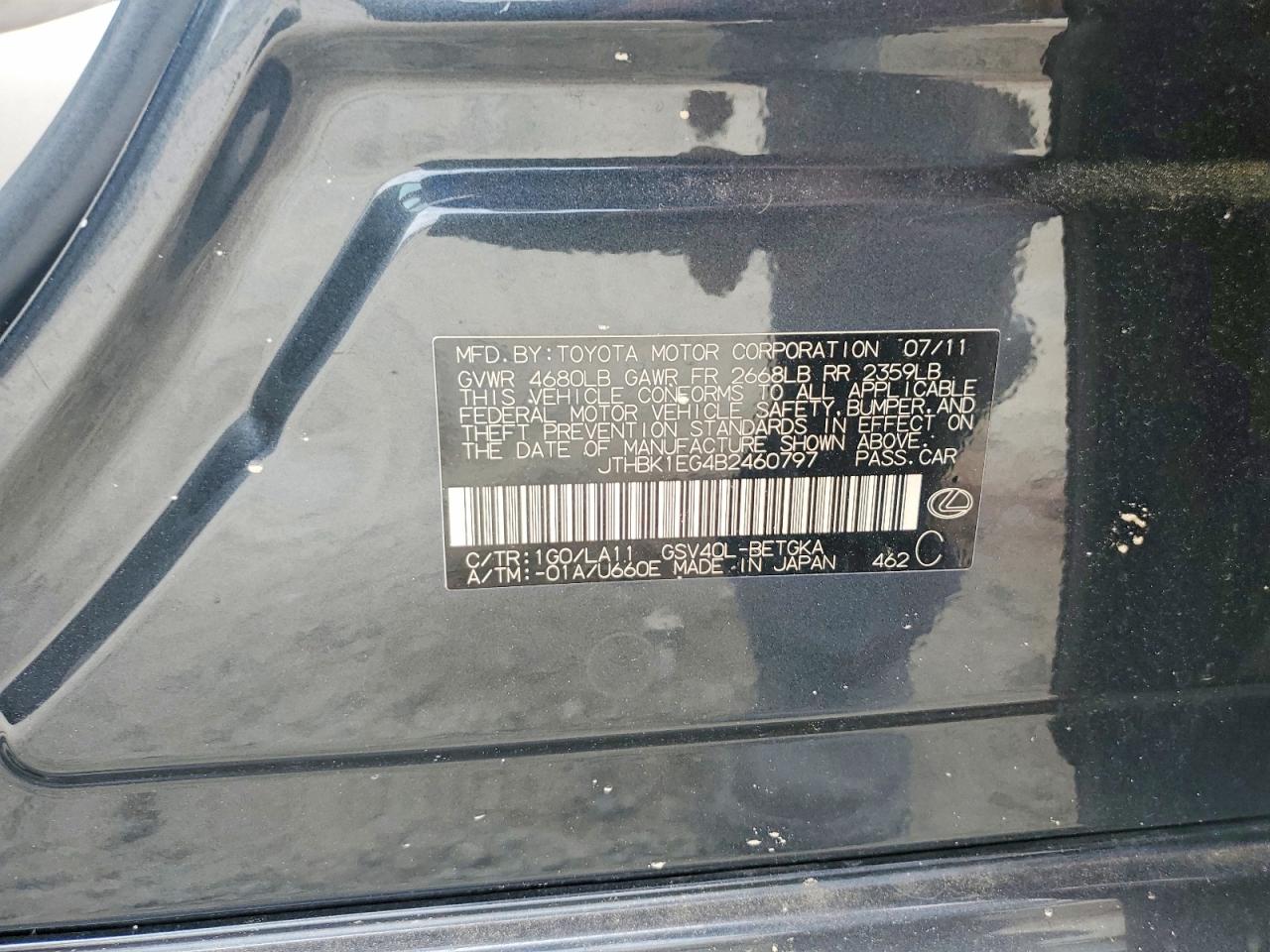 2011 Lexus Es 350 Черный vin: JTHBK1EG4B2460797