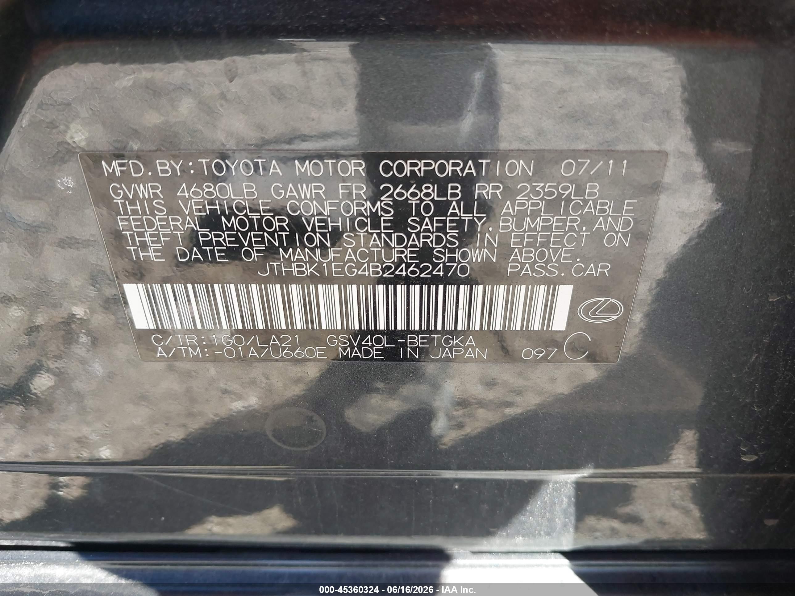 2011 Lexus Es 350   Gray vin: JTHBK1EG4B2462470