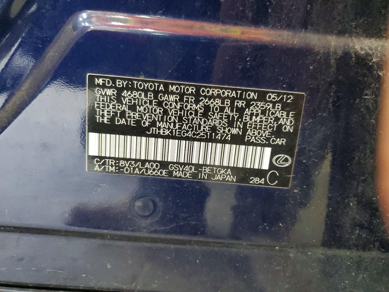 2012 Lexus Es 350 Blue vin: JTHBK1EG4C2511474