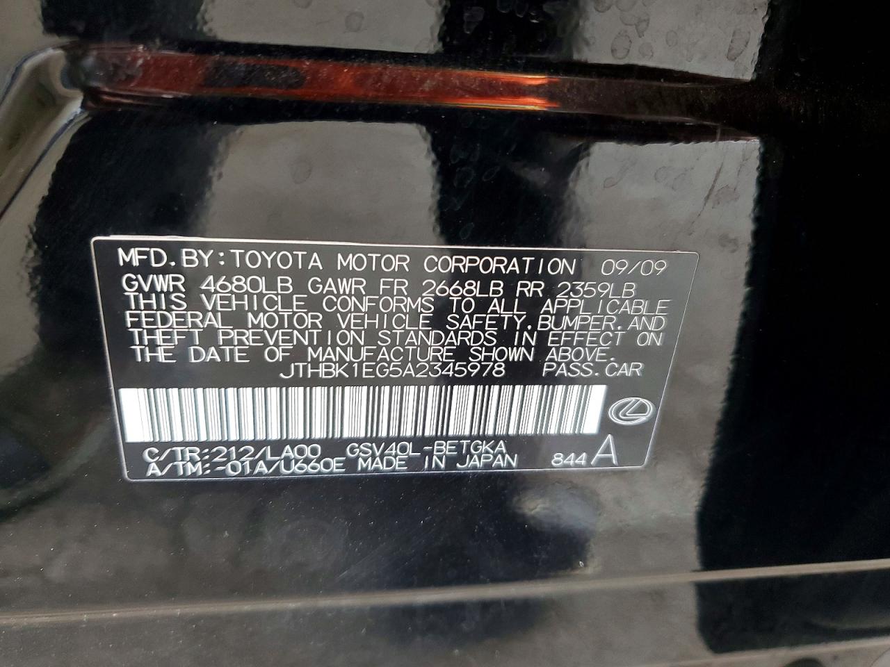 2010 Lexus Es 350 Black vin: JTHBK1EG5A2345978