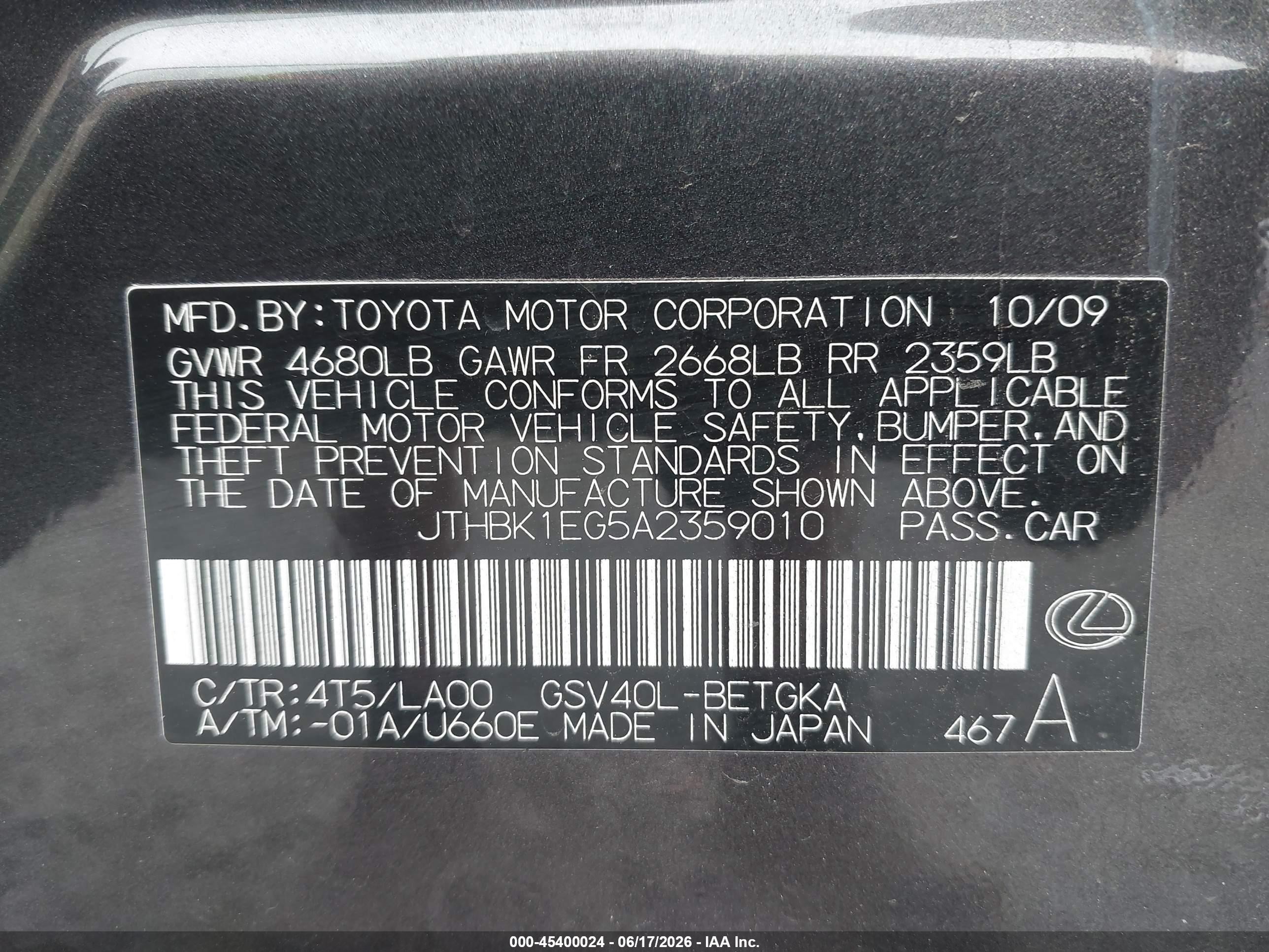 2010 Lexus Es 350   Gray vin: JTHBK1EG5A2359010