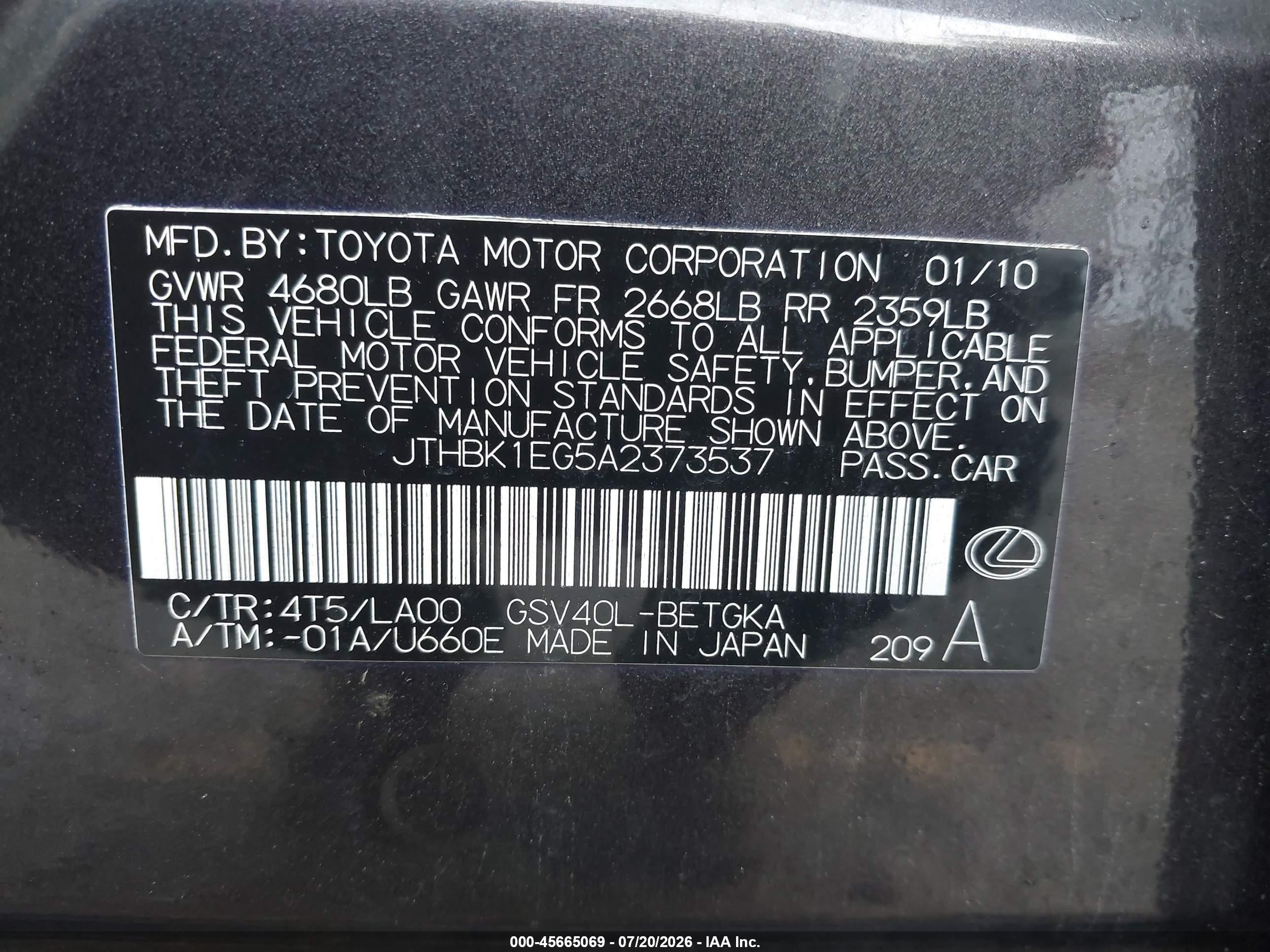 2010 Lexus Es 350   Black vin: JTHBK1EG5A2373537