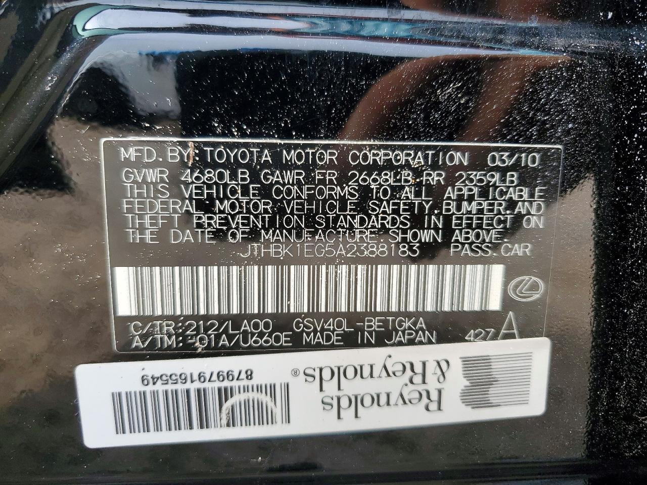 2010 Lexus Es 350 Черный vin: JTHBK1EG5A2388183