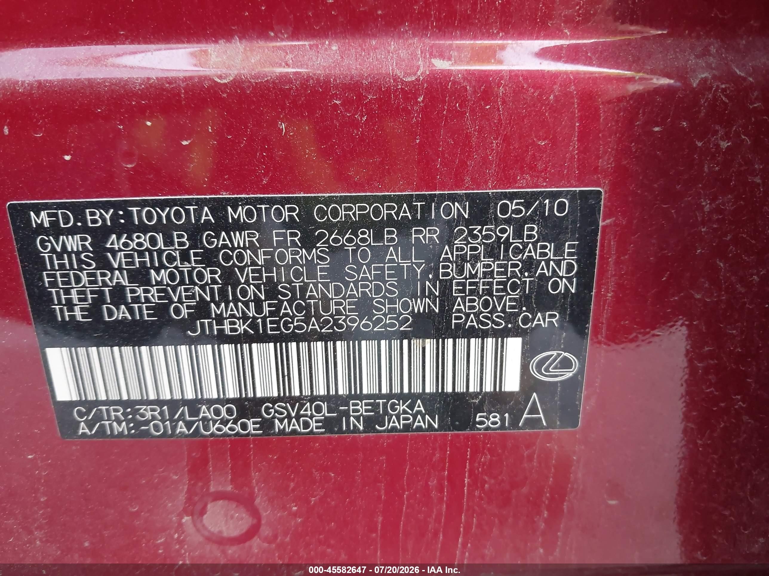 2010 Lexus Es 350   Red vin: JTHBK1EG5A2396252