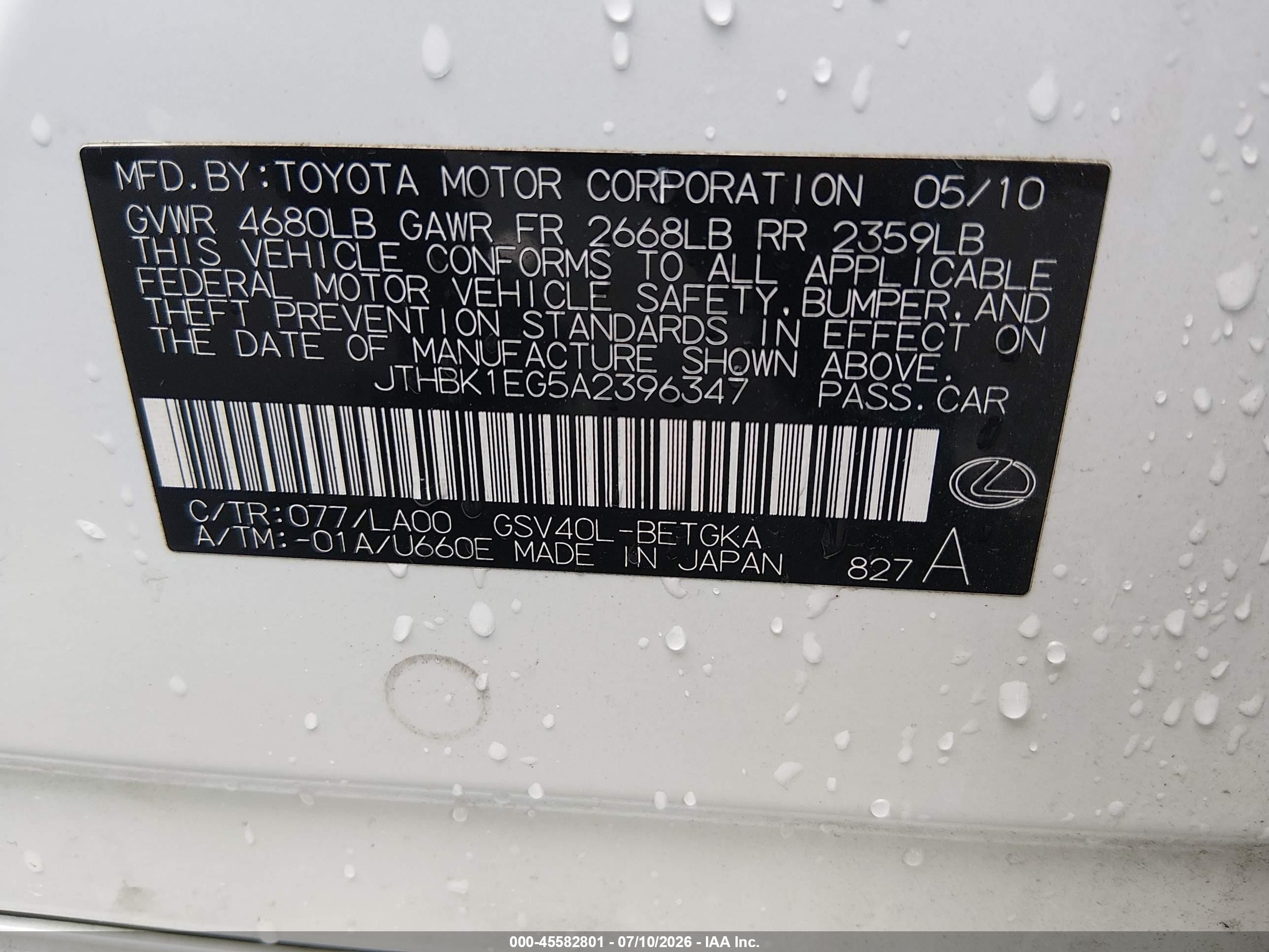 2010 Lexus Es 350   White vin: JTHBK1EG5A2396347