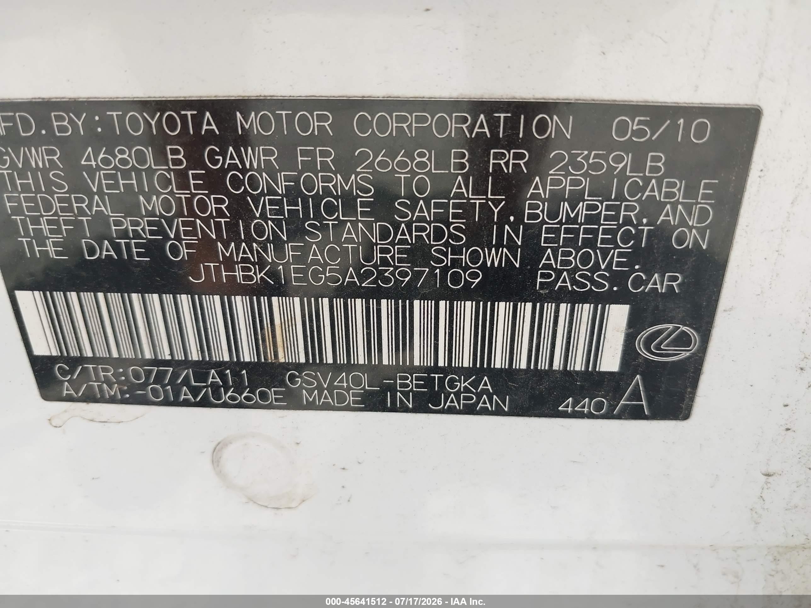 2010 Lexus Es 350   White vin: JTHBK1EG5A2397109