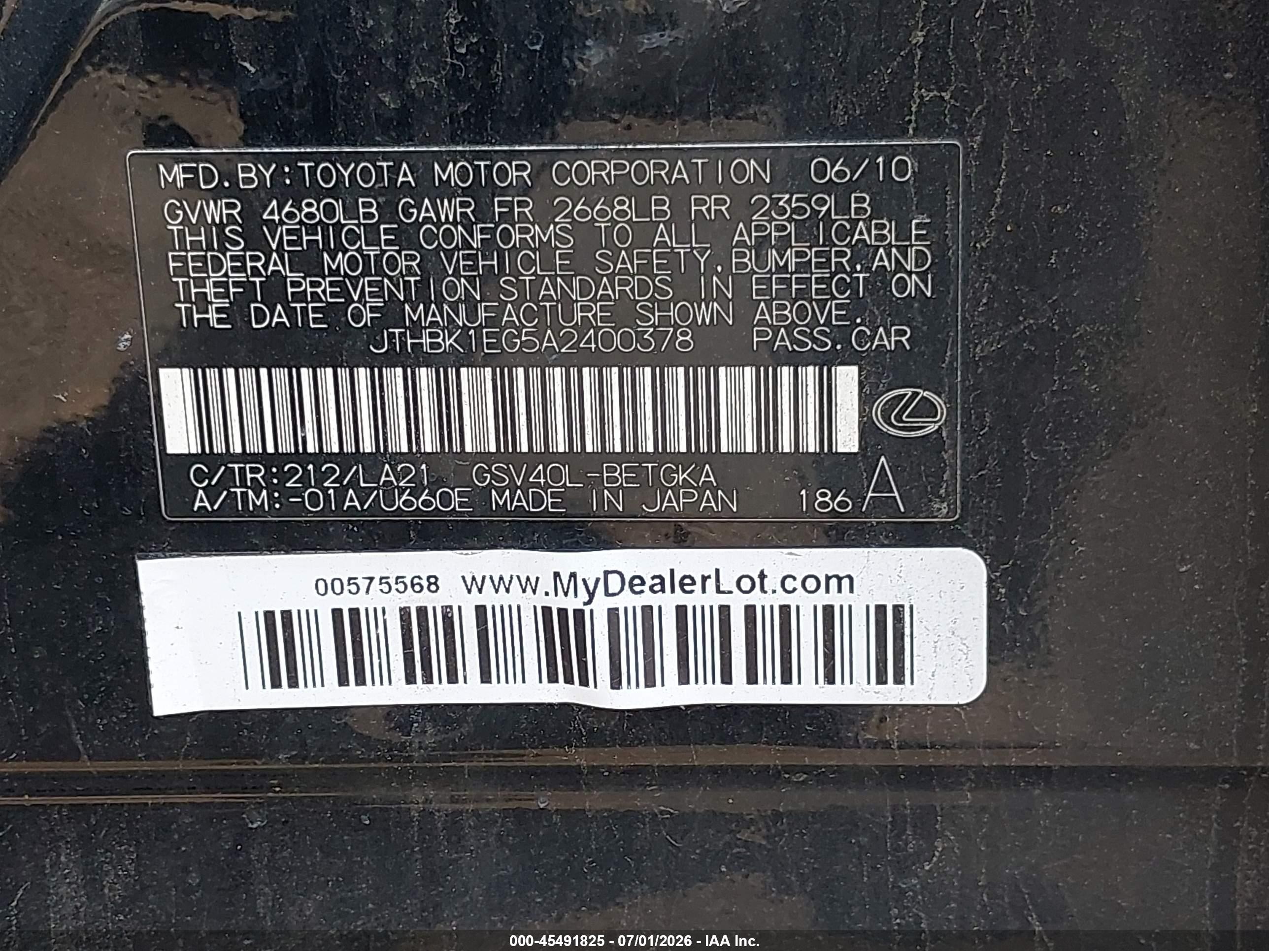 2010 Lexus Es 350   Black vin: JTHBK1EG5A2400378