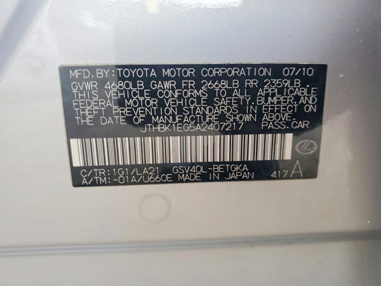 2010 Lexus Es 350 Silver vin: JTHBK1EG5A2407217