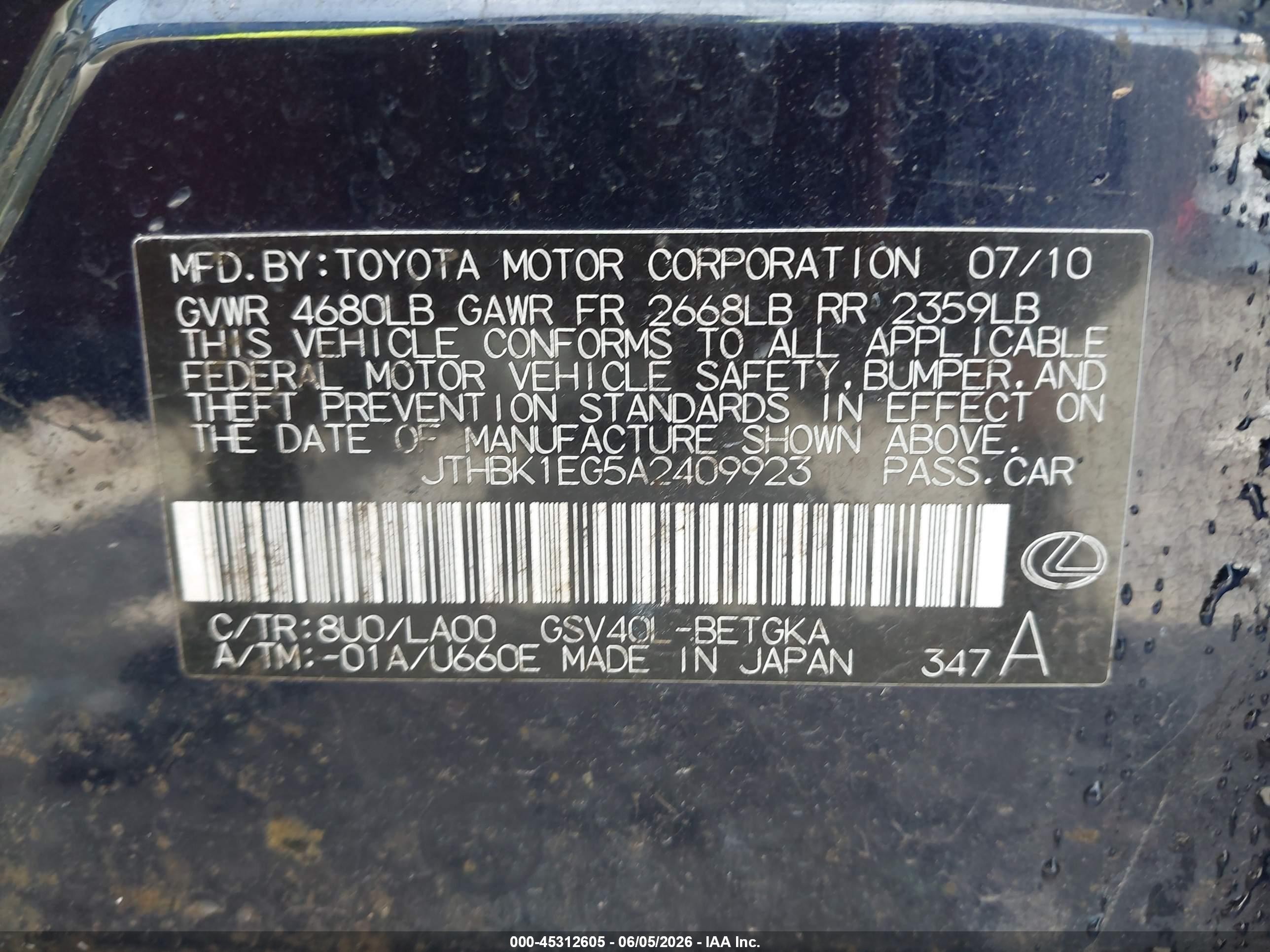 2010 Lexus Es 350   Black vin: JTHBK1EG5A2409923